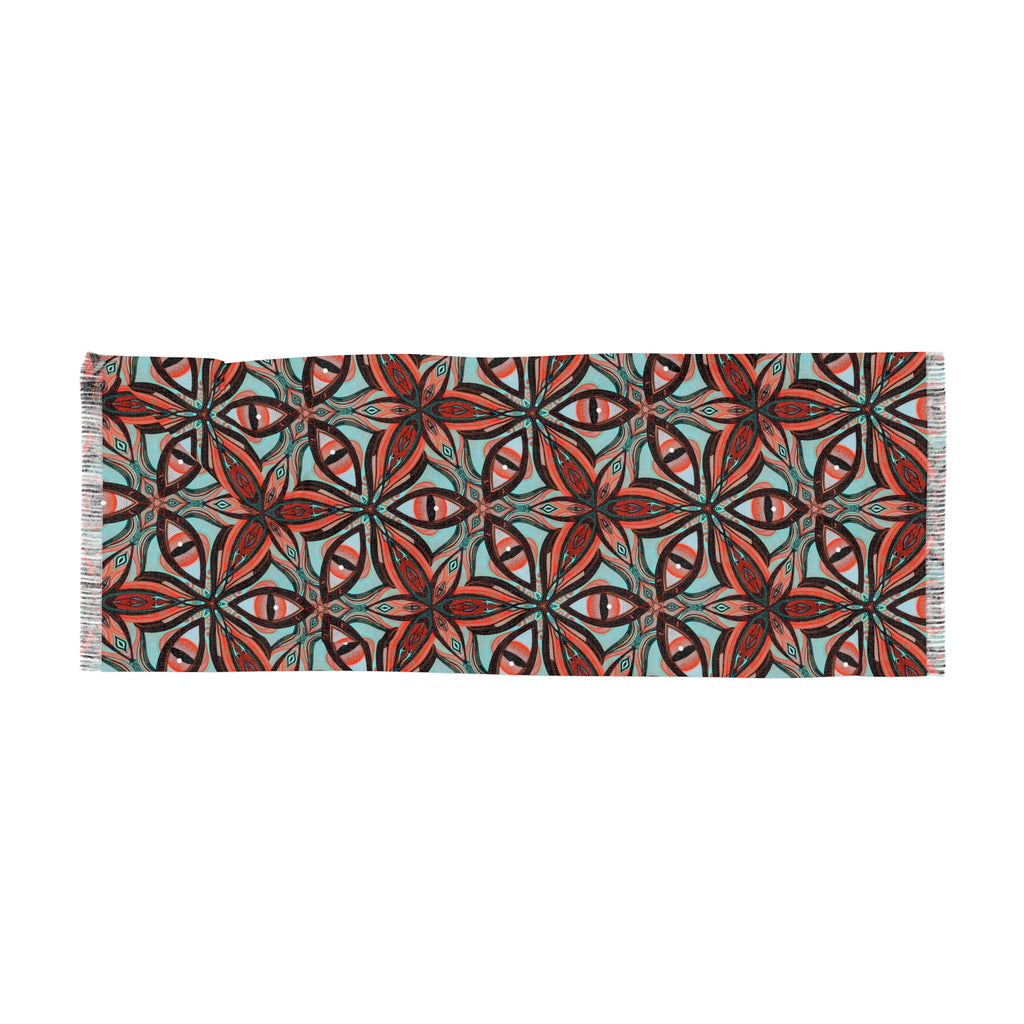 Geometric Floral Light Scarf — Boho Red & Teal Patterned Wrap #ij83798
