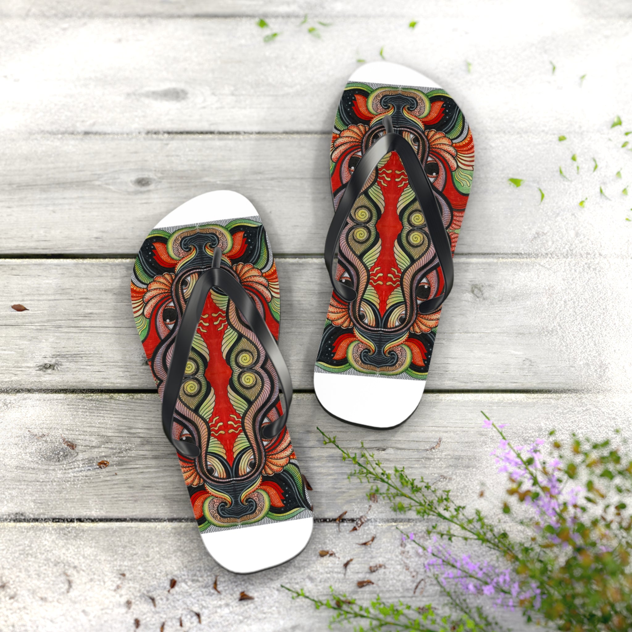 Boho Tribal Floral Flip Flops — Colorful Psychedelic Summer Sandals #f