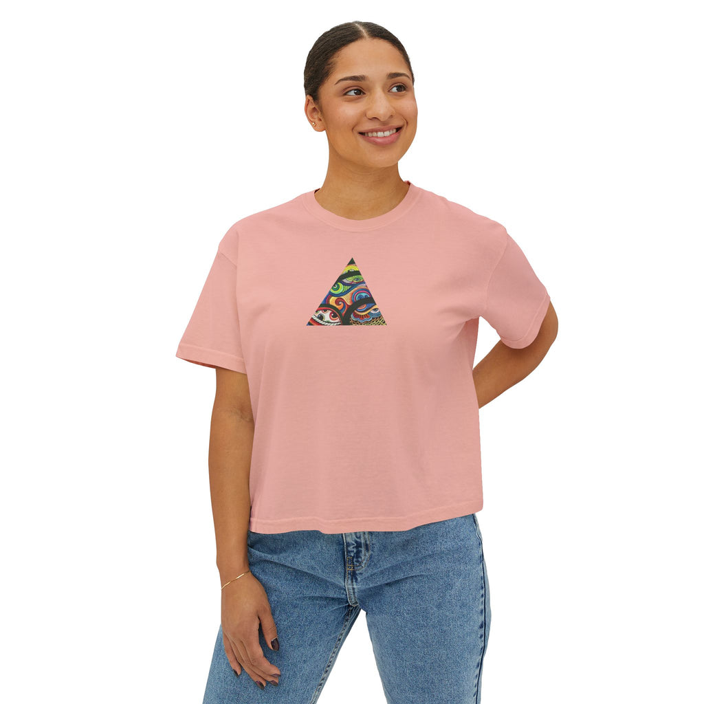 Women's Boxy Tee with Abstract Colorful Triangle (Front) & Heart (Back) Art — Casual Graphic Crop Top #hd9859