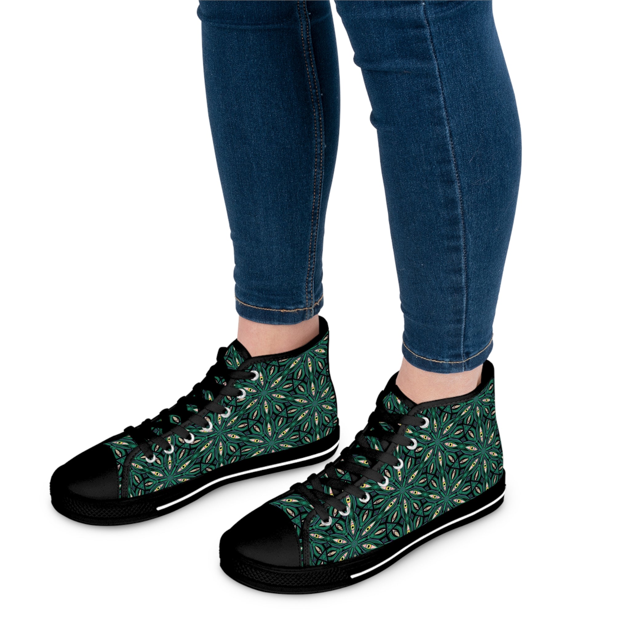 Green Floral Kaleidoscope High Top Sneakers — Women's Patterned Canvas Shoes #jfs8843