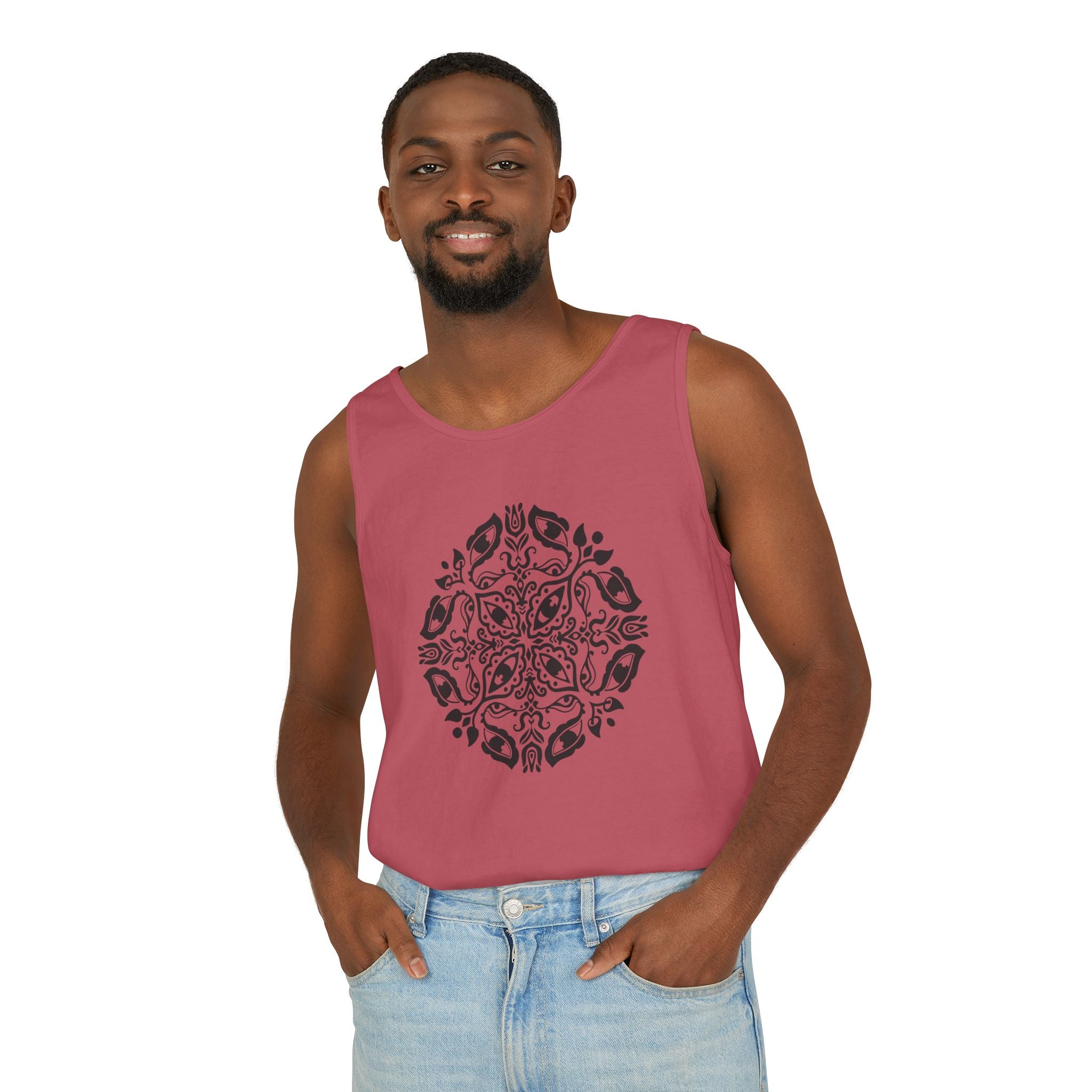 Boho Mandala Tank Top — Black Floral Circular Graphic Tank #fr3