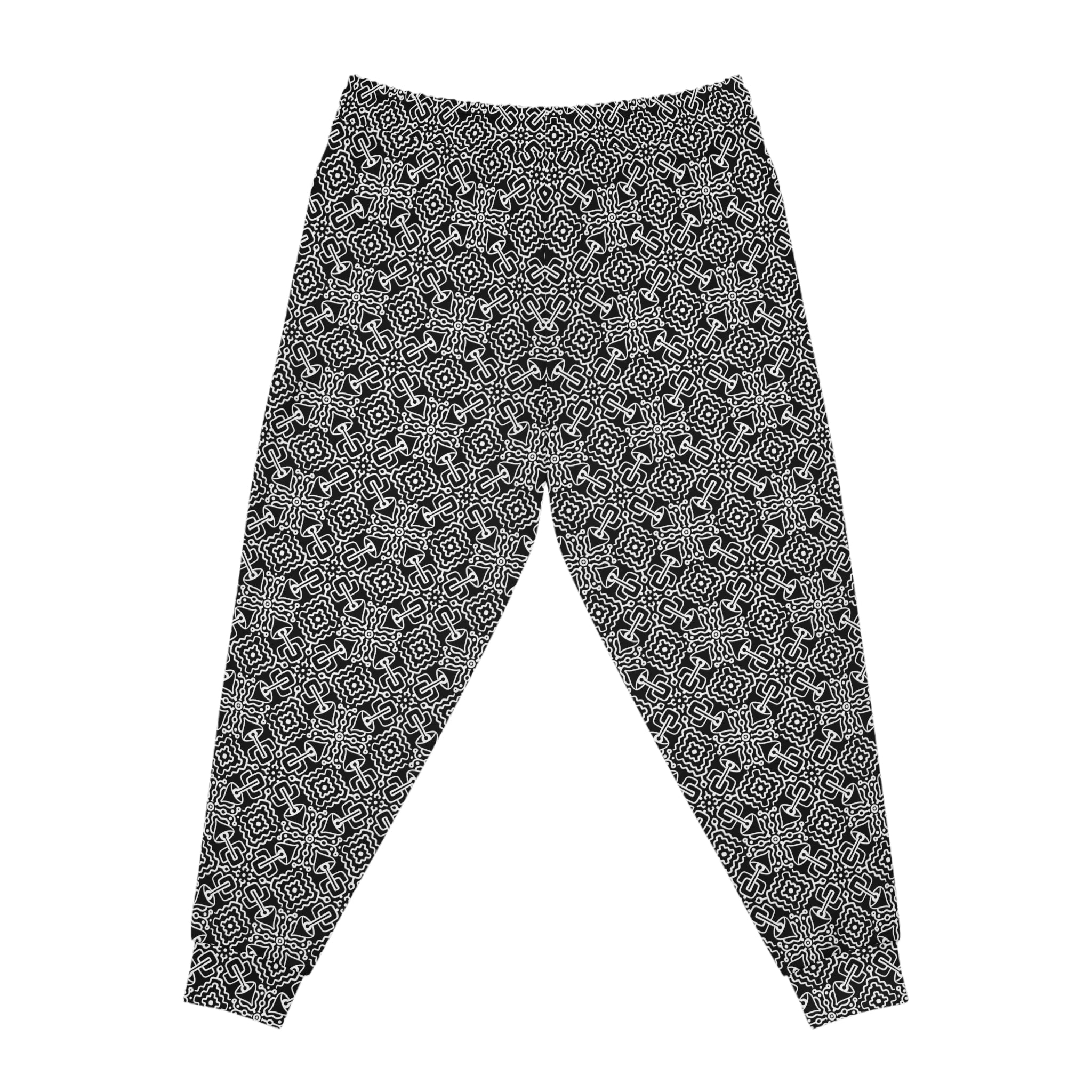 Black & White Geometric Pattern Joggers — All-Over-Print Athletic Pants #h98647