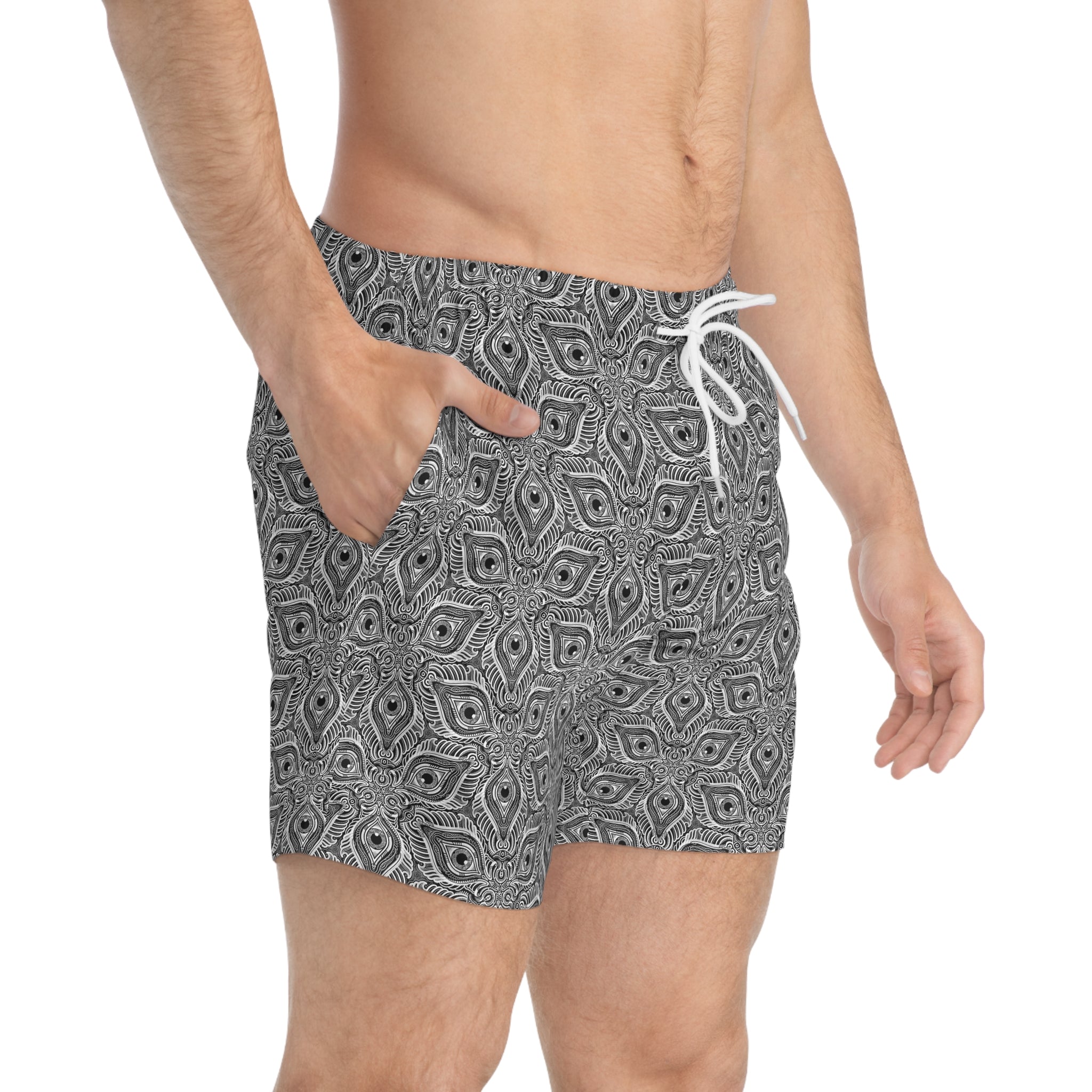 Monochrome Geometric Swim Trunks — Kaleidoscope Tile Pattern #st3