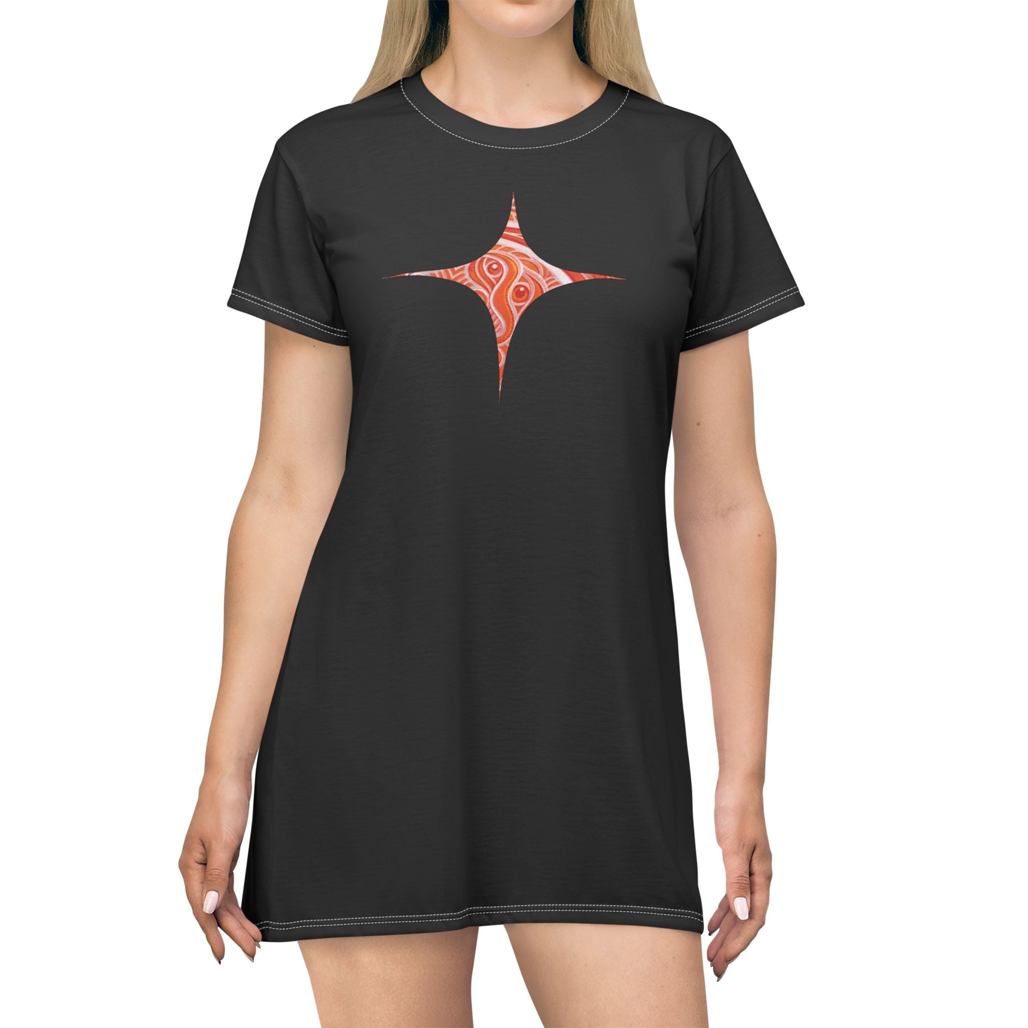 T-Shirt Dress — Orange Geometric Star & Diamond Print #kd0325