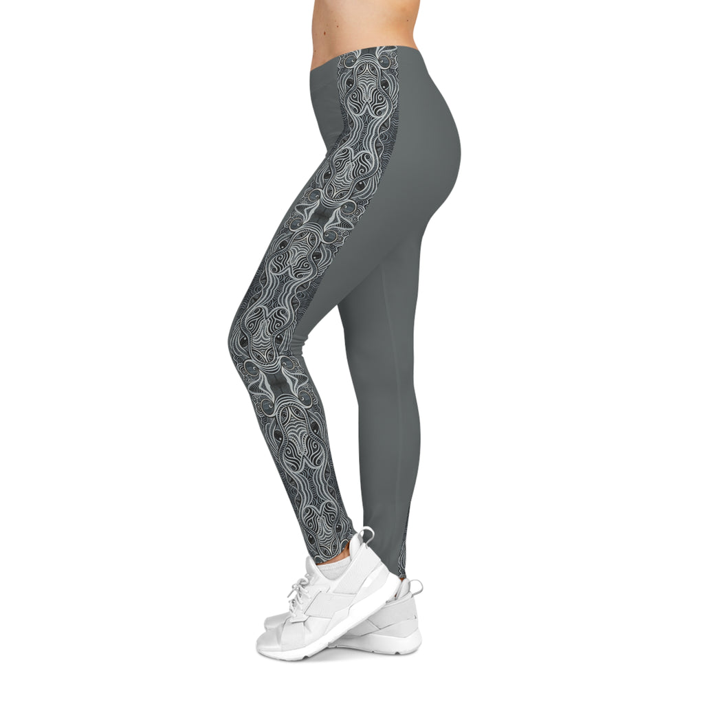 Grey Leggings with Ornate Side Panel — Women's Casual AOP Leggings