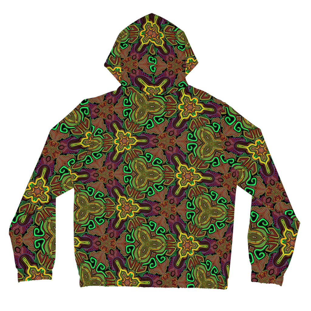 Kaleidoscope Floral Zip-Up Hoodie — Psychedelic Green & Gold All-Over Print #fn994219