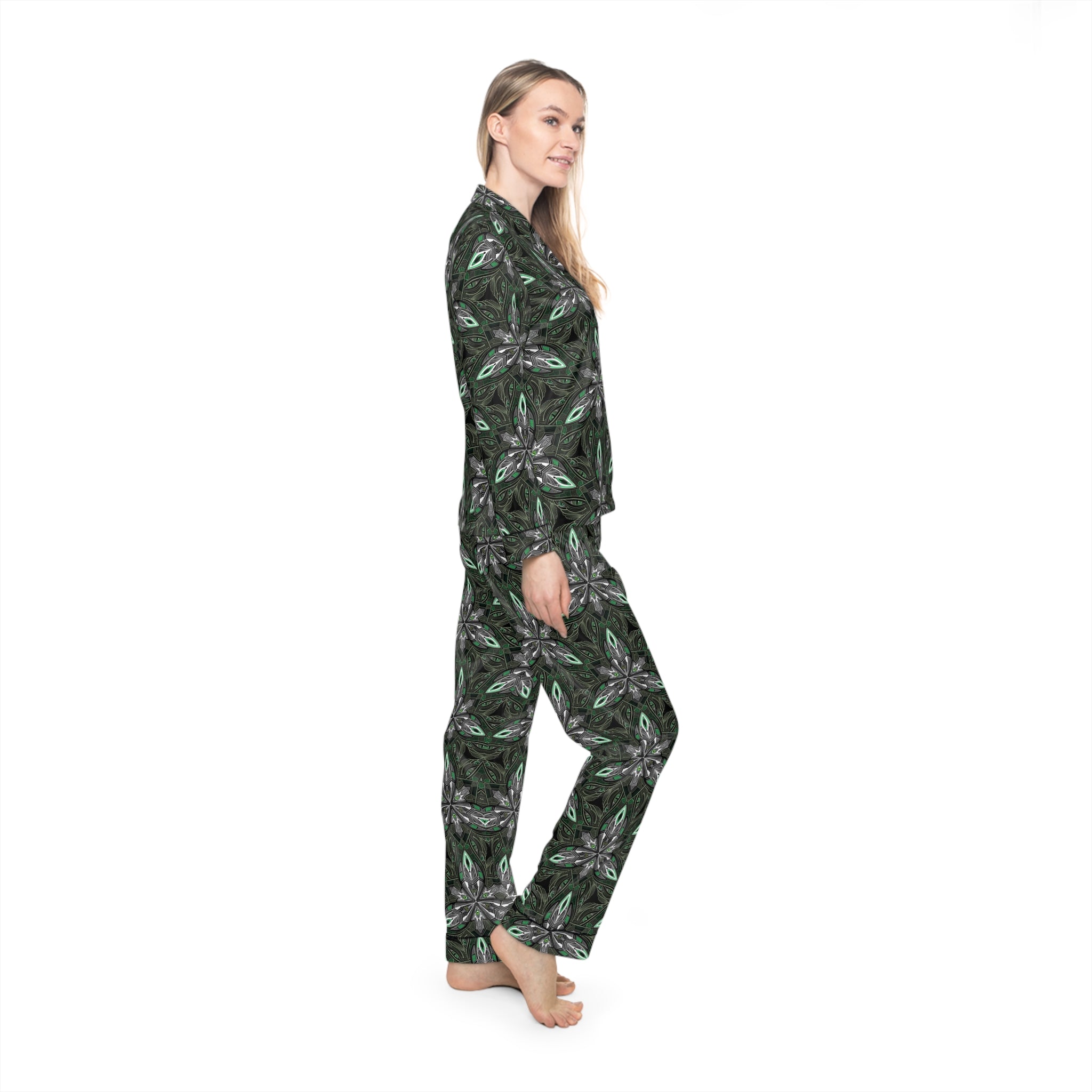 Satin Pajama Set — Green Floral Kaleidoscope Women's Sleepwear #gdc7643