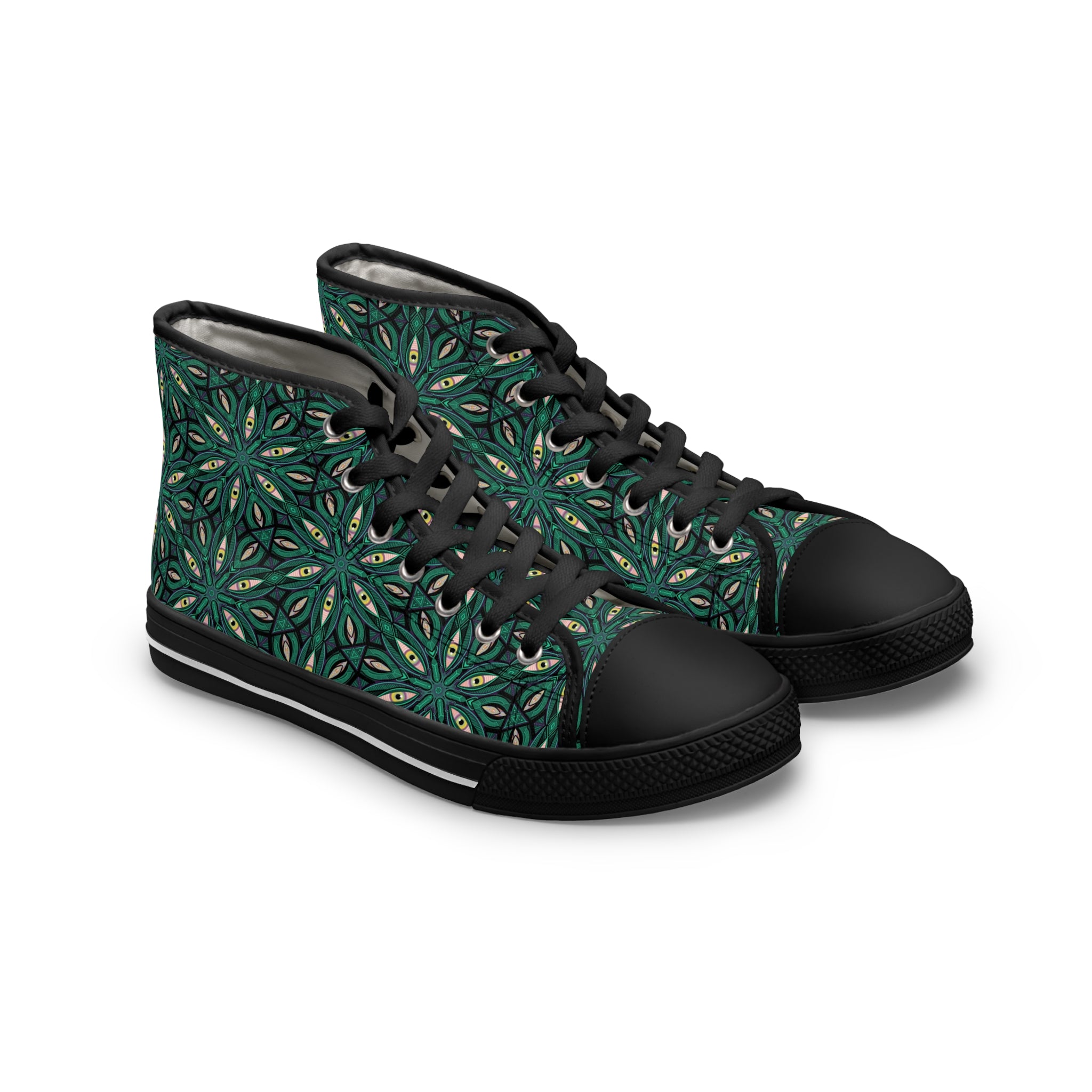 Green Floral Kaleidoscope High Top Sneakers — Women's Patterned Canvas Shoes #jfs8843