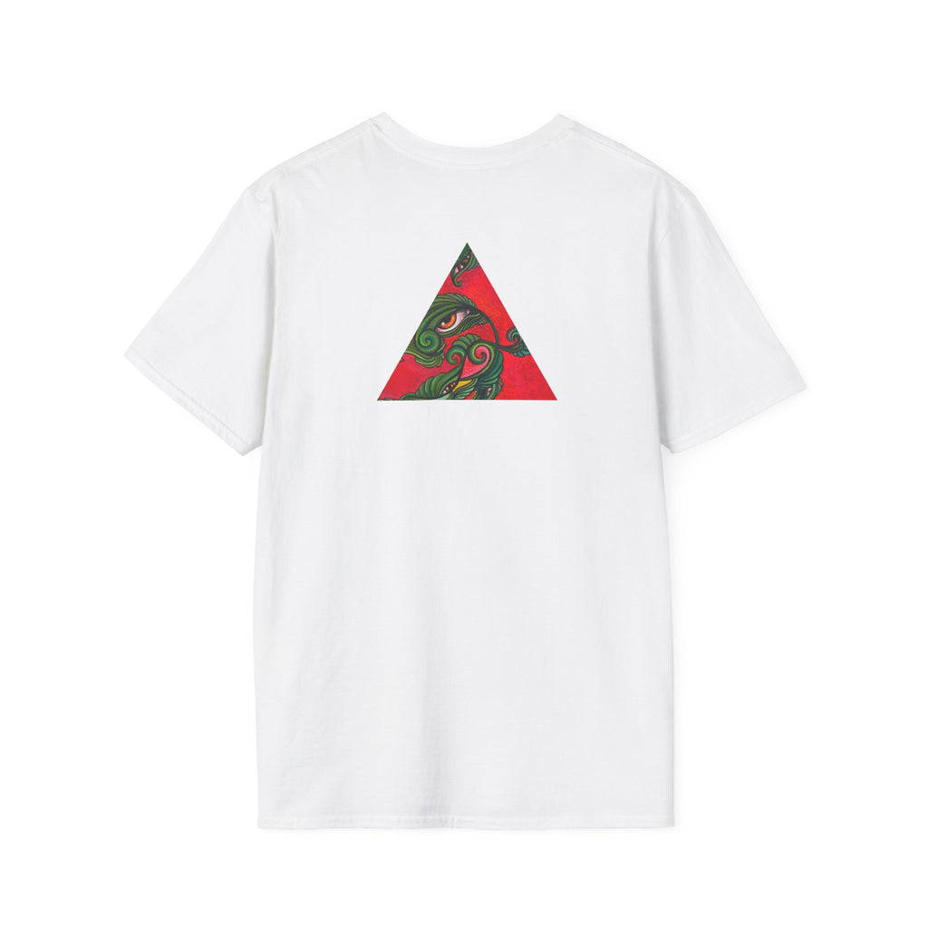 Geometric Tribal Eye Tee — Abstract Red & Green Triangle Graphic T-Shirt #sx432177