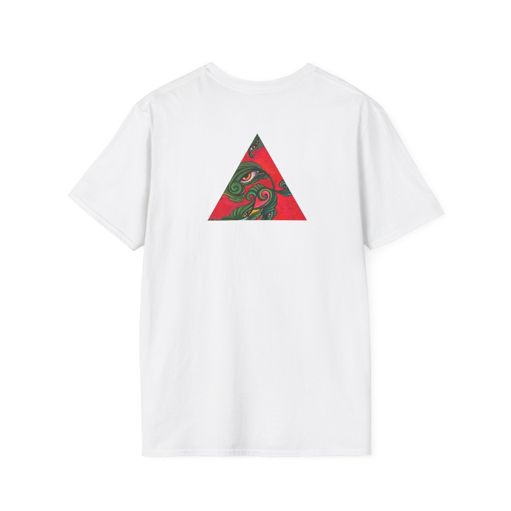 Geometric Tribal Eye Tee — Abstract Red & Green Triangle Graphic T-Shirt #sx432177