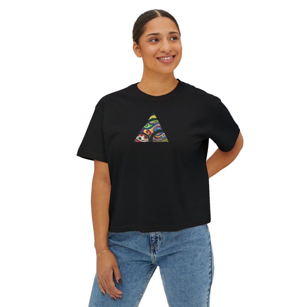 Women's Boxy Tee with Abstract Colorful Triangle (Front) & Heart (Back) Art — Casual Graphic Crop Top #hd9859