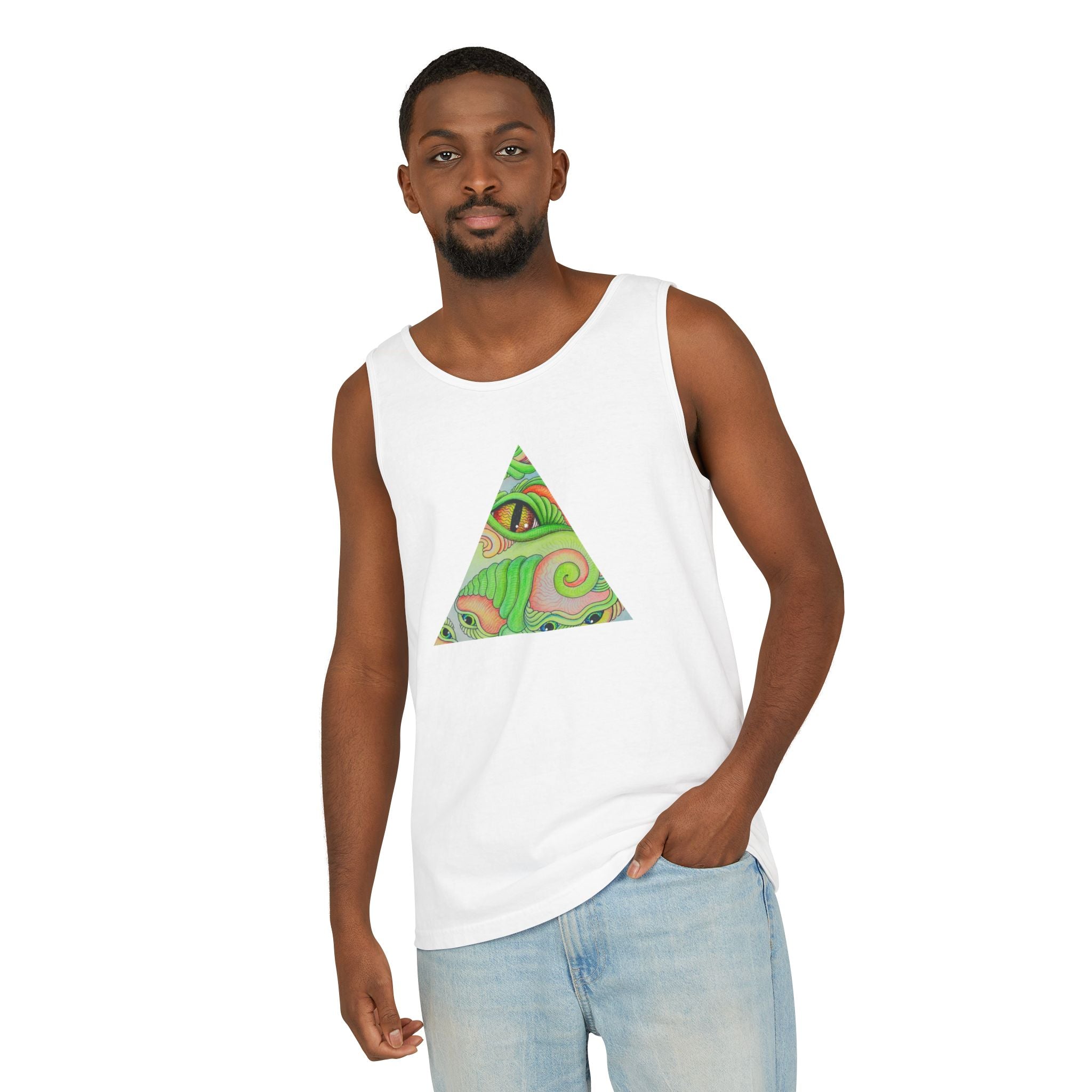 Psychedelic Triangle Tank Top — Green Swirl Eye Graphic #hg772225566