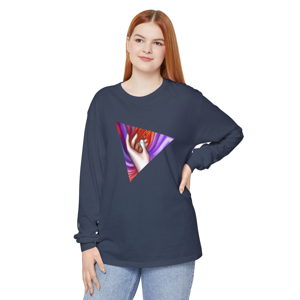 Long Sleeve T-Shirt — Triangular Hand Art Graphic (White) #sh26774