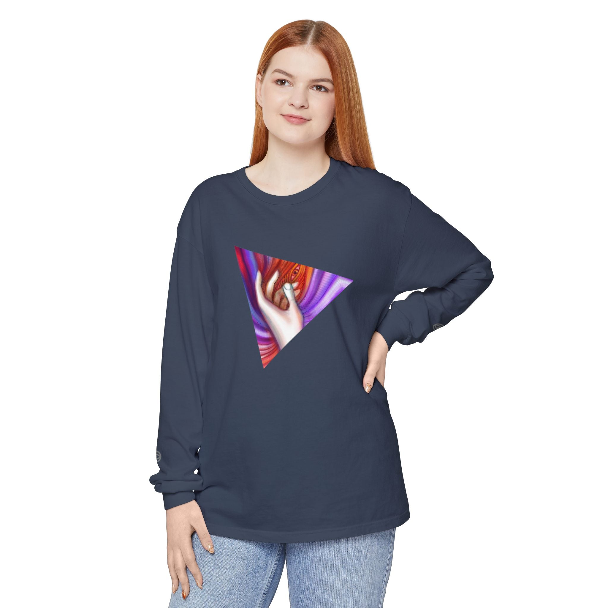 Long Sleeve T-Shirt — Triangular Hand Art Graphic (White) #sh26774