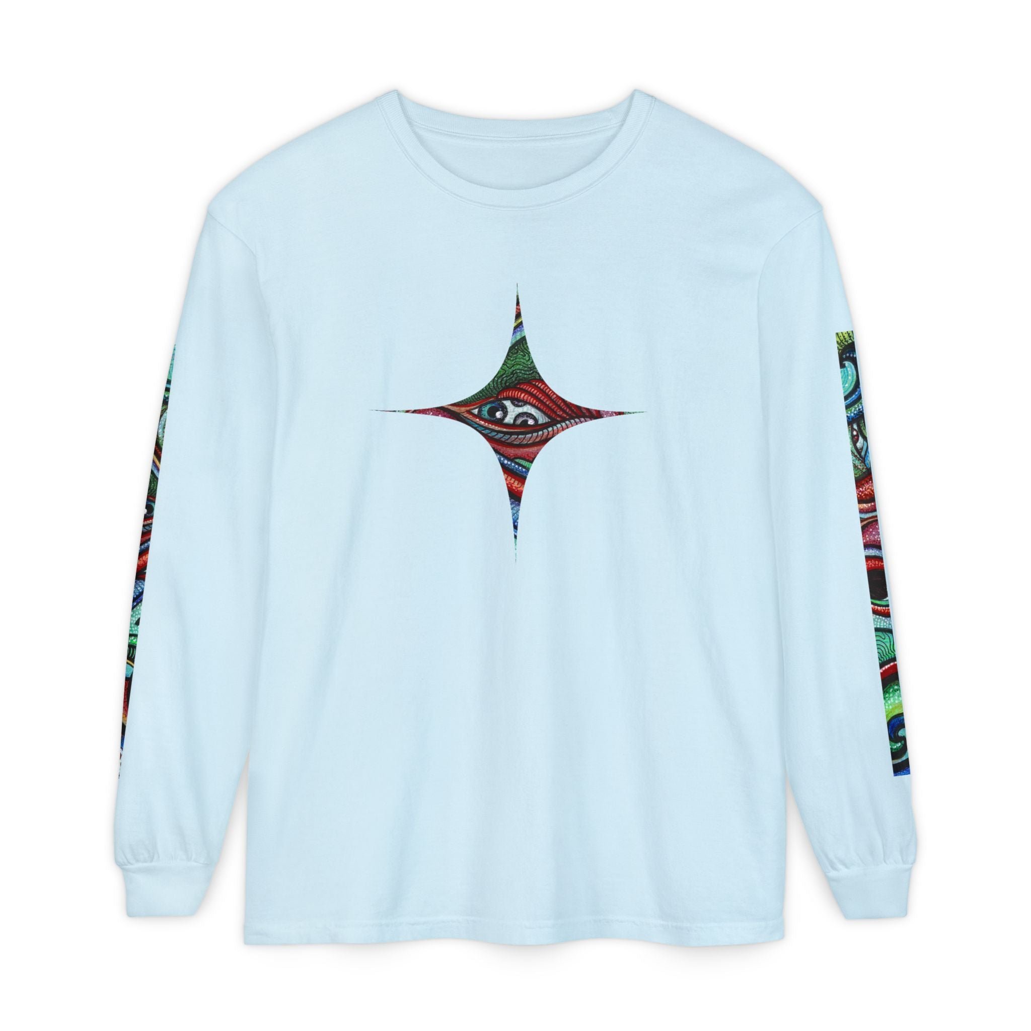 Psychedelic Starburst Long Sleeve Tee — Colorful Eye & Sleeve Stripe Design #k976344