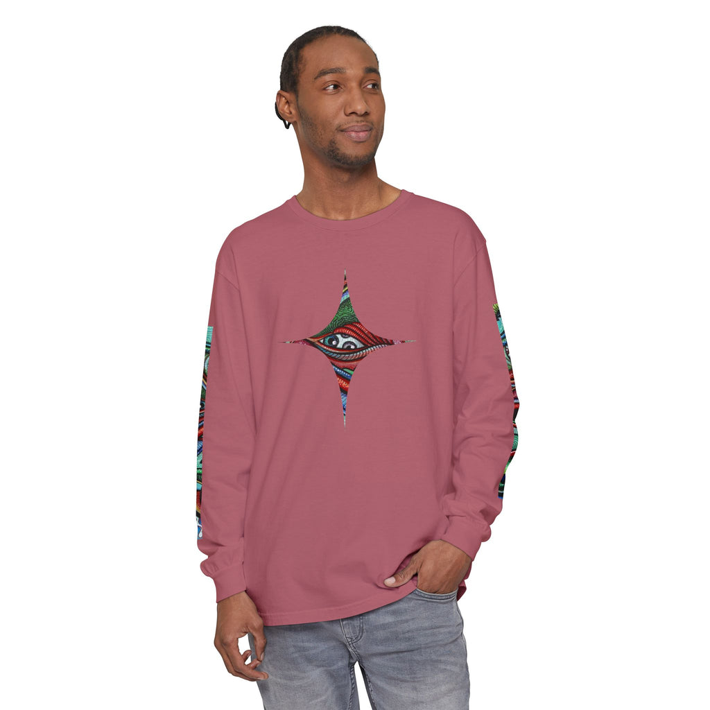 Psychedelic Starburst Long Sleeve Tee — Colorful Eye & Sleeve Stripe Design #k976344