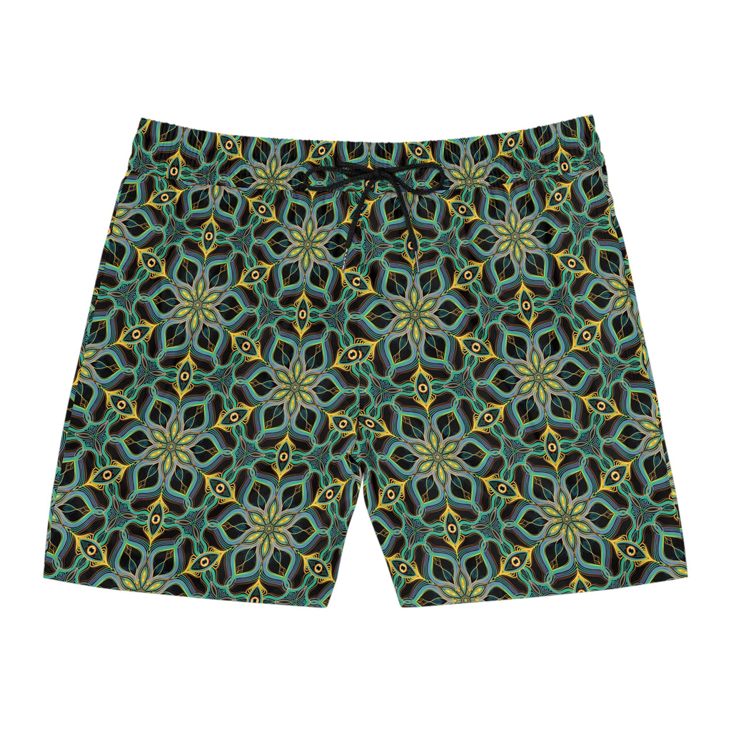 Men's Mid-Length Swim Shorts — Green Geometric Floral All-Over Print #jgd652245