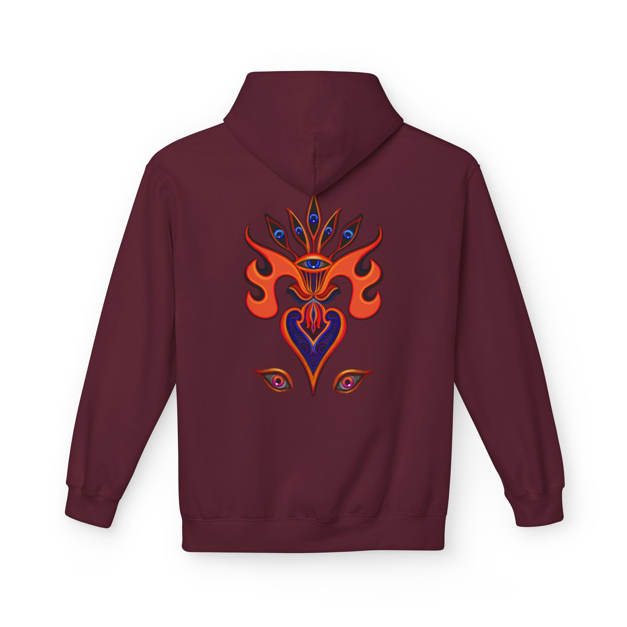 Psychedelic Third-Eye Heart Hoodie | Surreal Eye Motif, Flame Crown