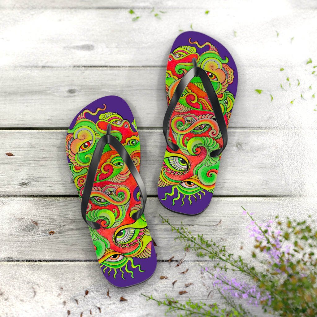 Psychedelic Eye Pattern Flip Flops — Colorful Trippy Summer Sandals #s873455211