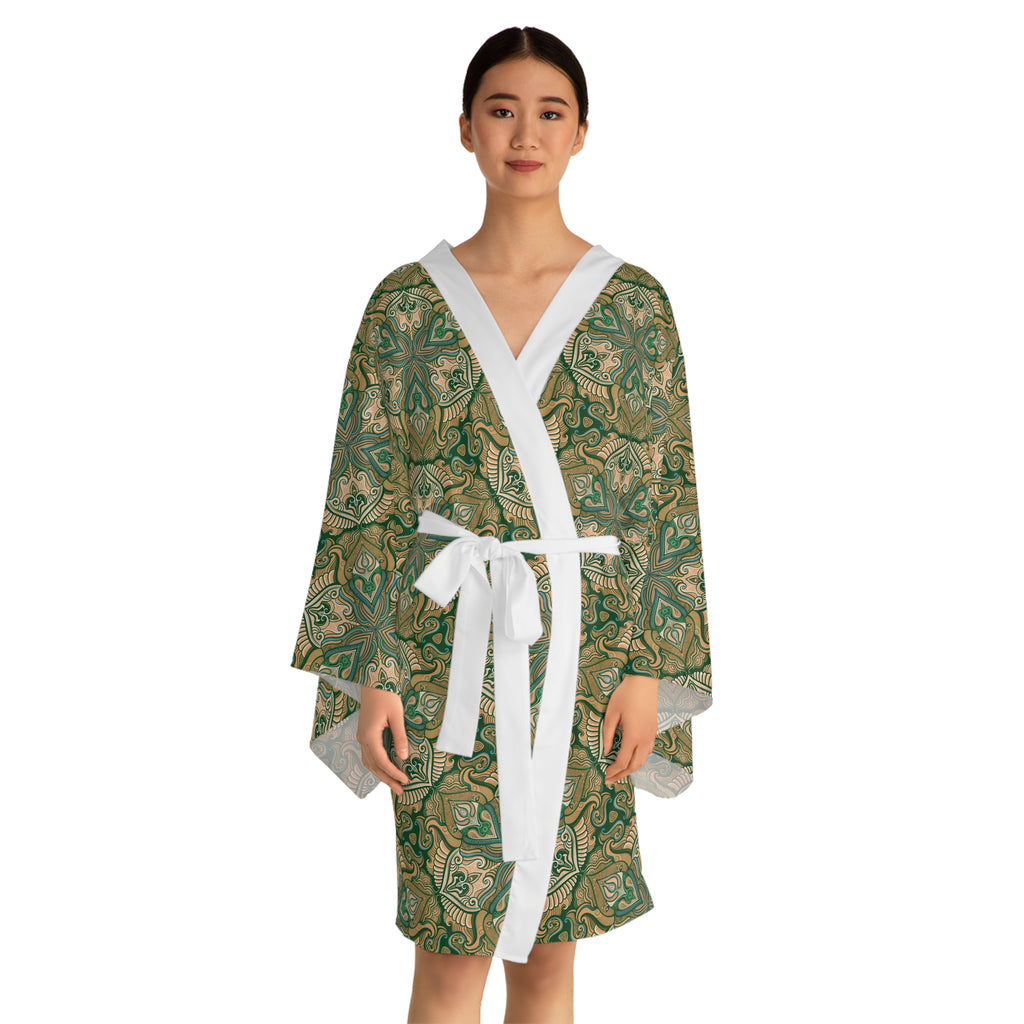 Green Floral Mandala Pattern Kimono Robe | Long Sleeve # kfm1