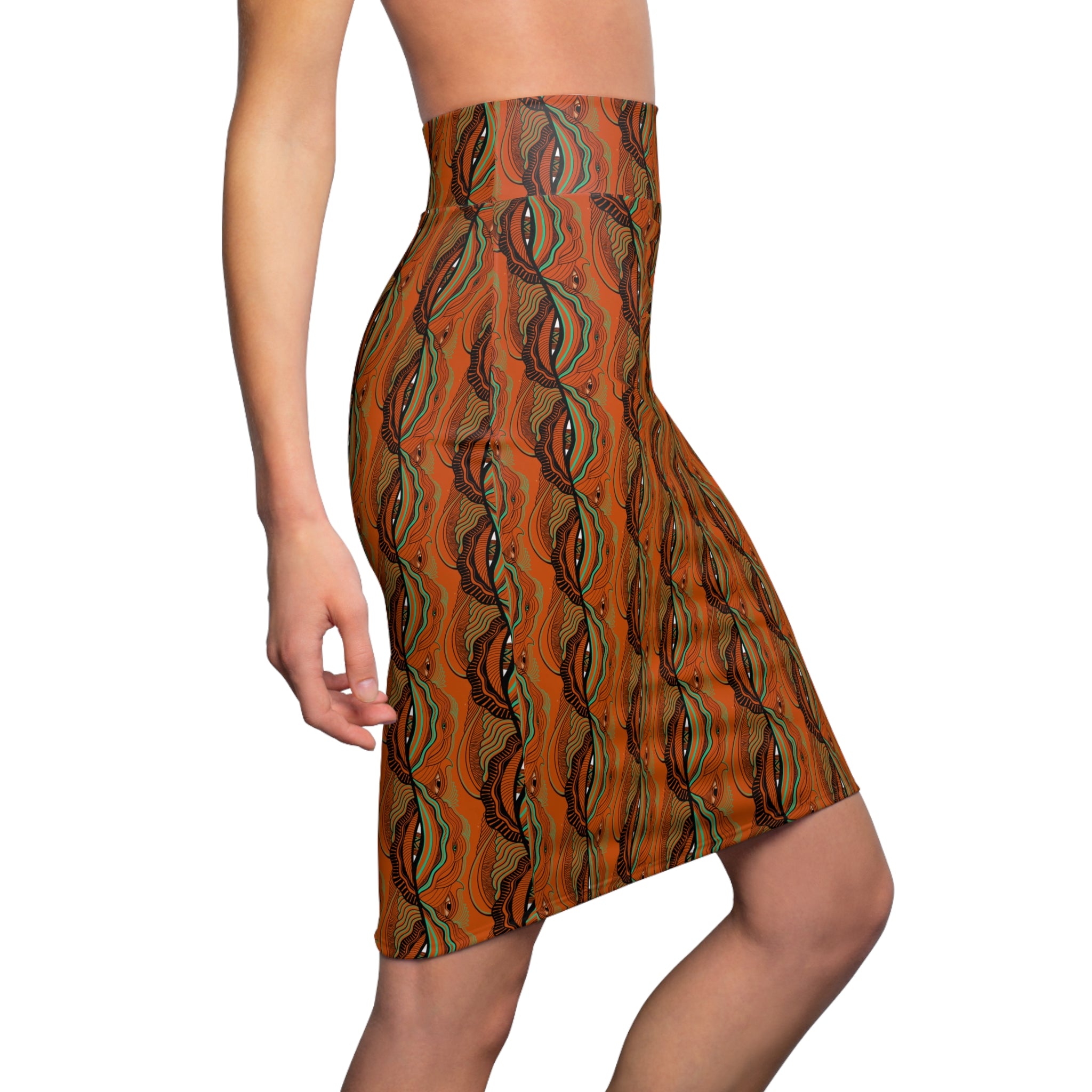 Autumnal Abstract Pencil Skirt — Rust Leaf Wave Pattern #ap1