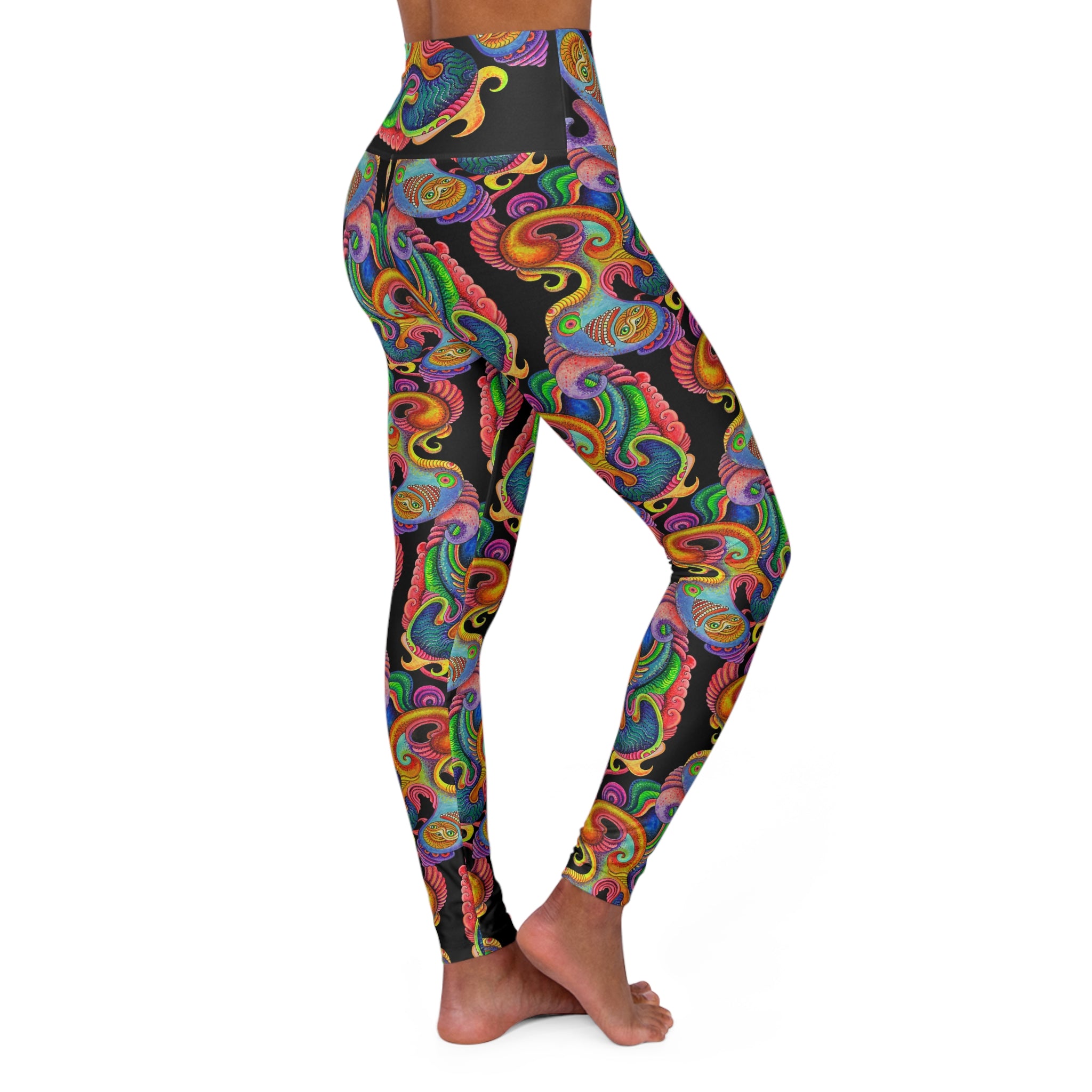 High-Waisted Yoga Leggings — Colorful Psychedelic Swirl Print #g875467