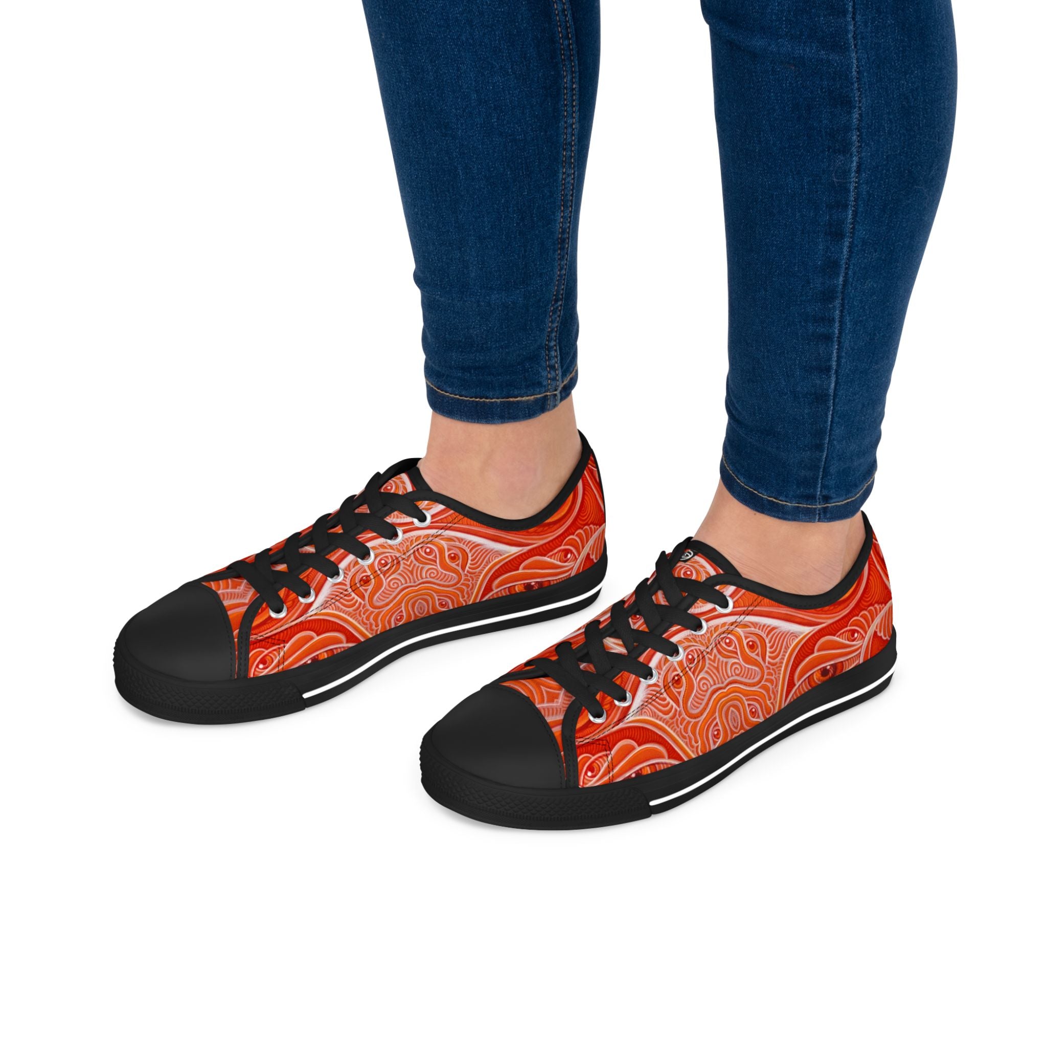 Women's Low Top Sneakers — Red Abstract Swirl Canvas Shoes, Artistic Casual Lace-Up Trainers #d00422