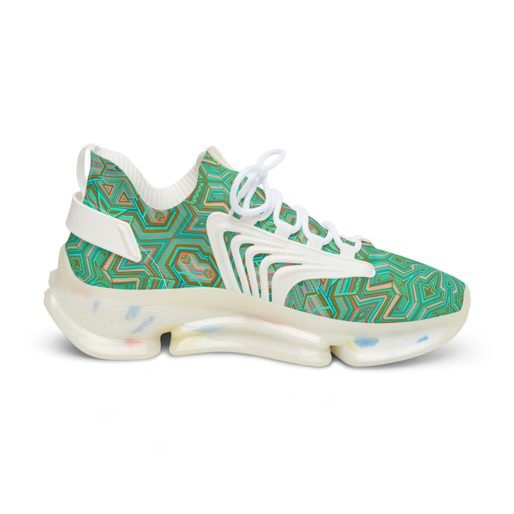 Green Geometric Mesh Sneakers — Men's Athletic Shoes with Kaleidoscope Pattern #khf87656
