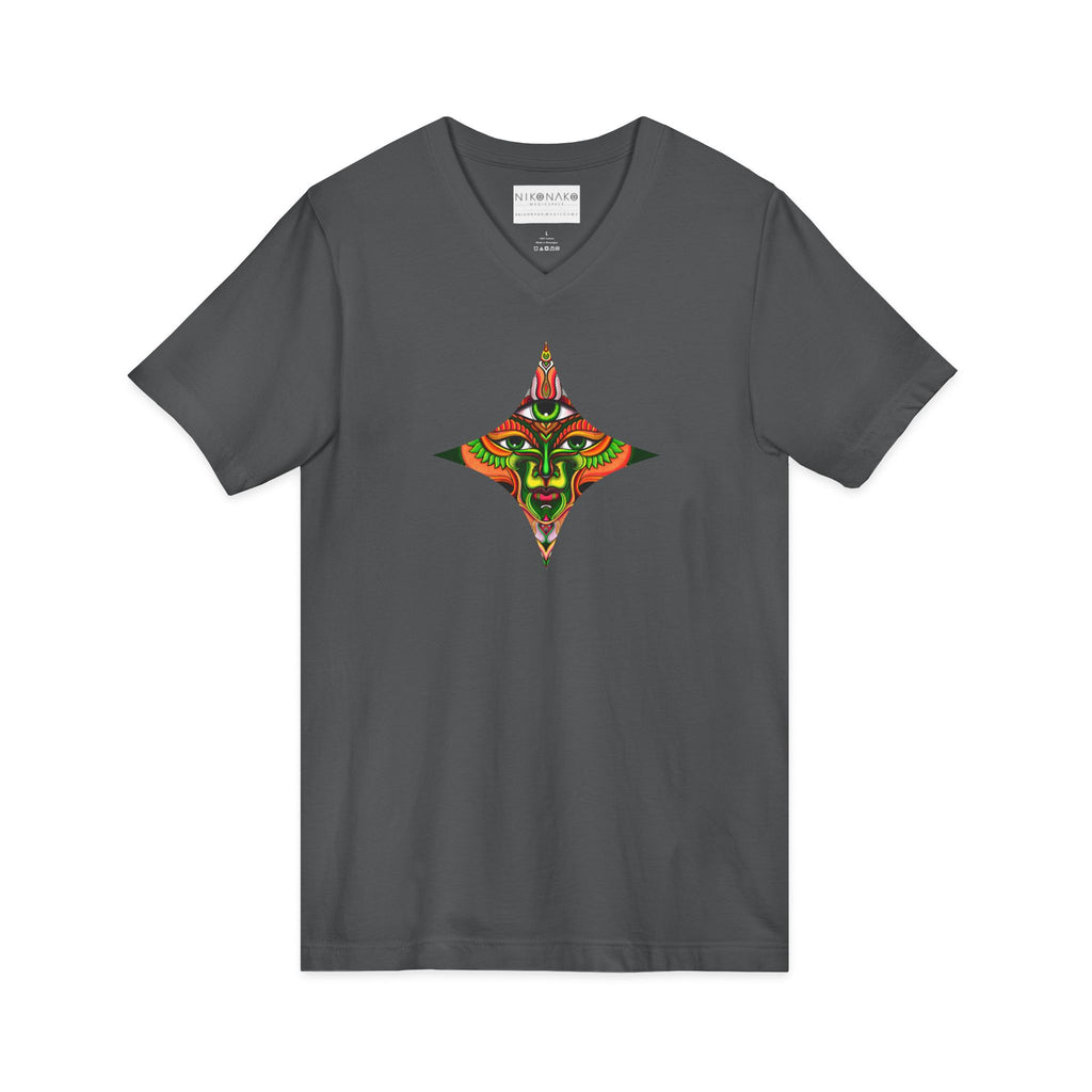 Tribal Mask Diamond Tee — Vibrant Ethnic Face Graphic V‑Neck T‑Shirt #hg 08656