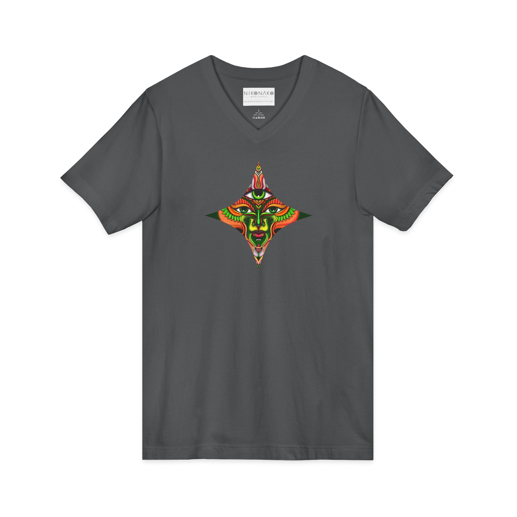 Tribal Mask Diamond Tee — Vibrant Ethnic Face Graphic V‑Neck T‑Shirt #hg 08656