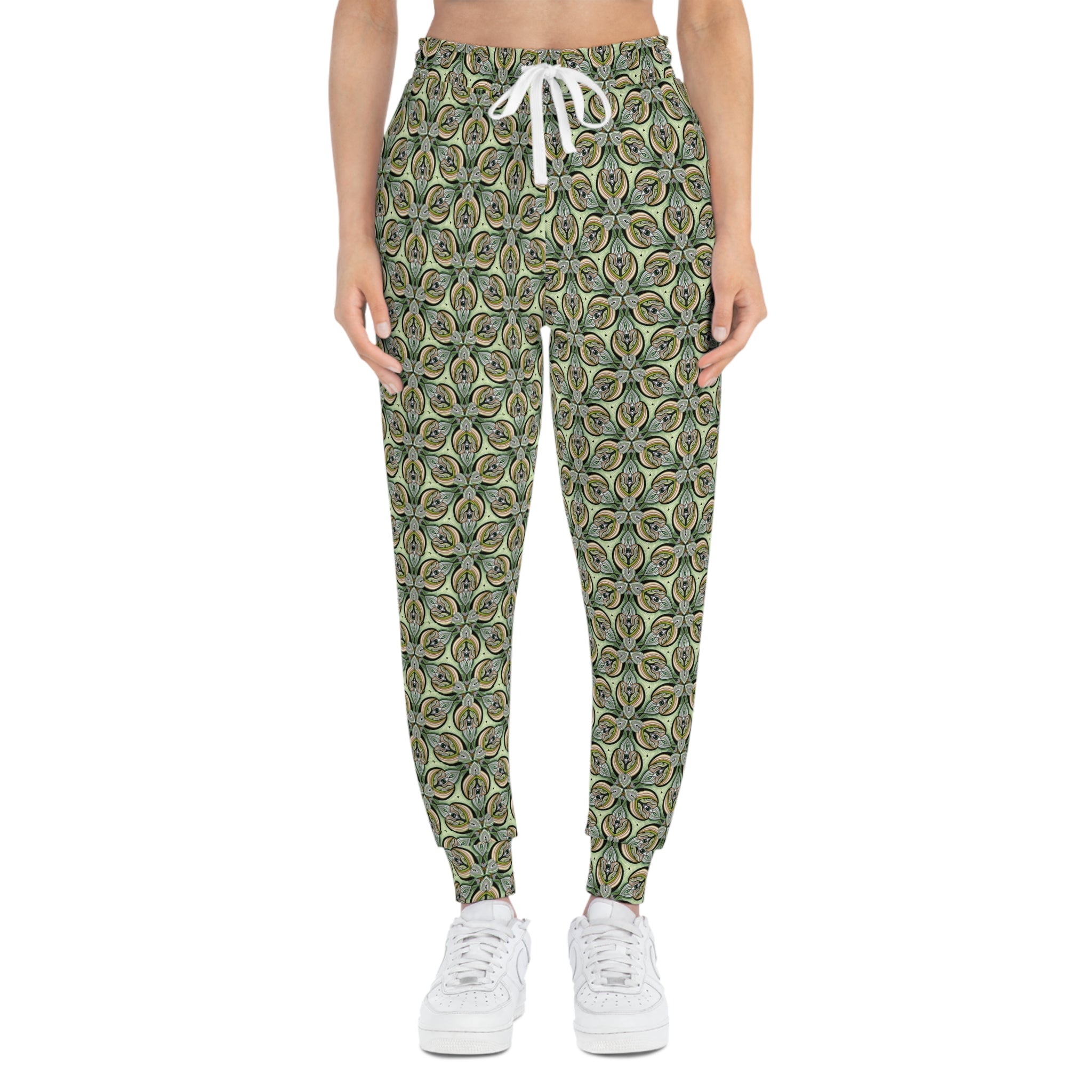 Green Geometric Leaf Pattern Joggers – All-Over Print Athletic Sweatpants #sp2