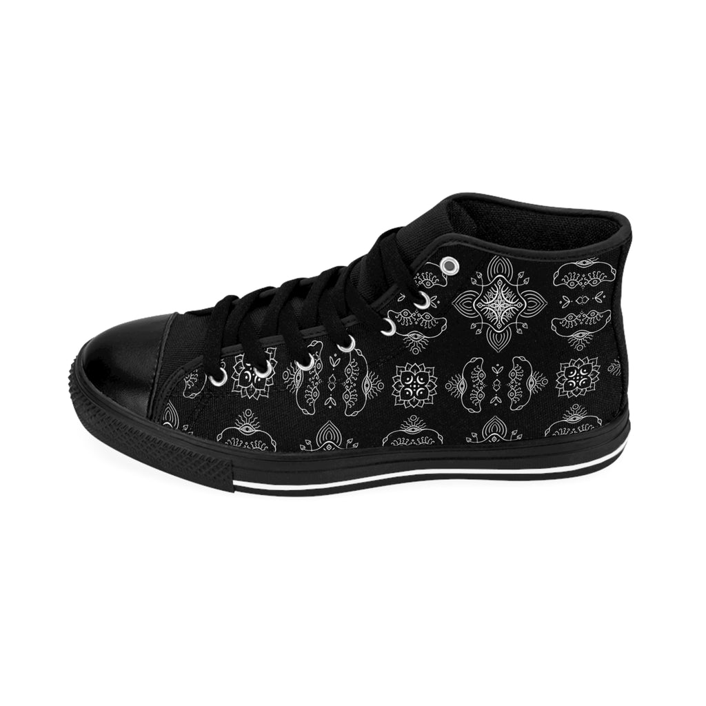Women's High-Top Sneakers — Black Vintage Paisley Pattern #d2356