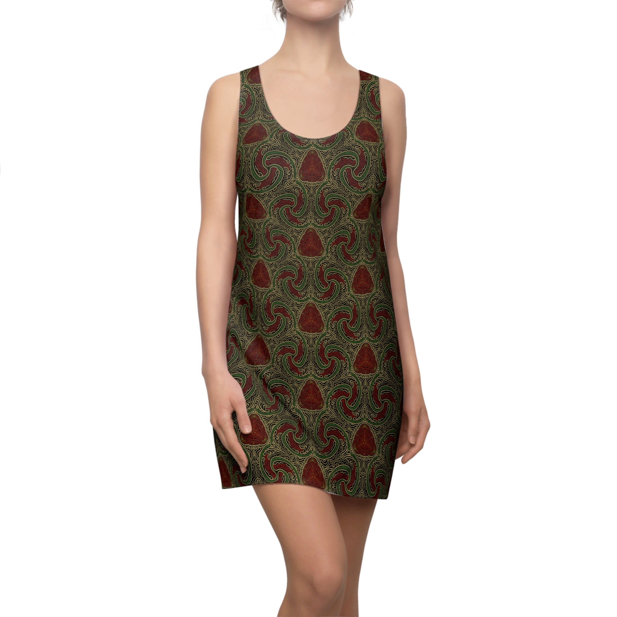 Boho Paisley Racerback Dress — Olive & Rust All-Over Print #451122233