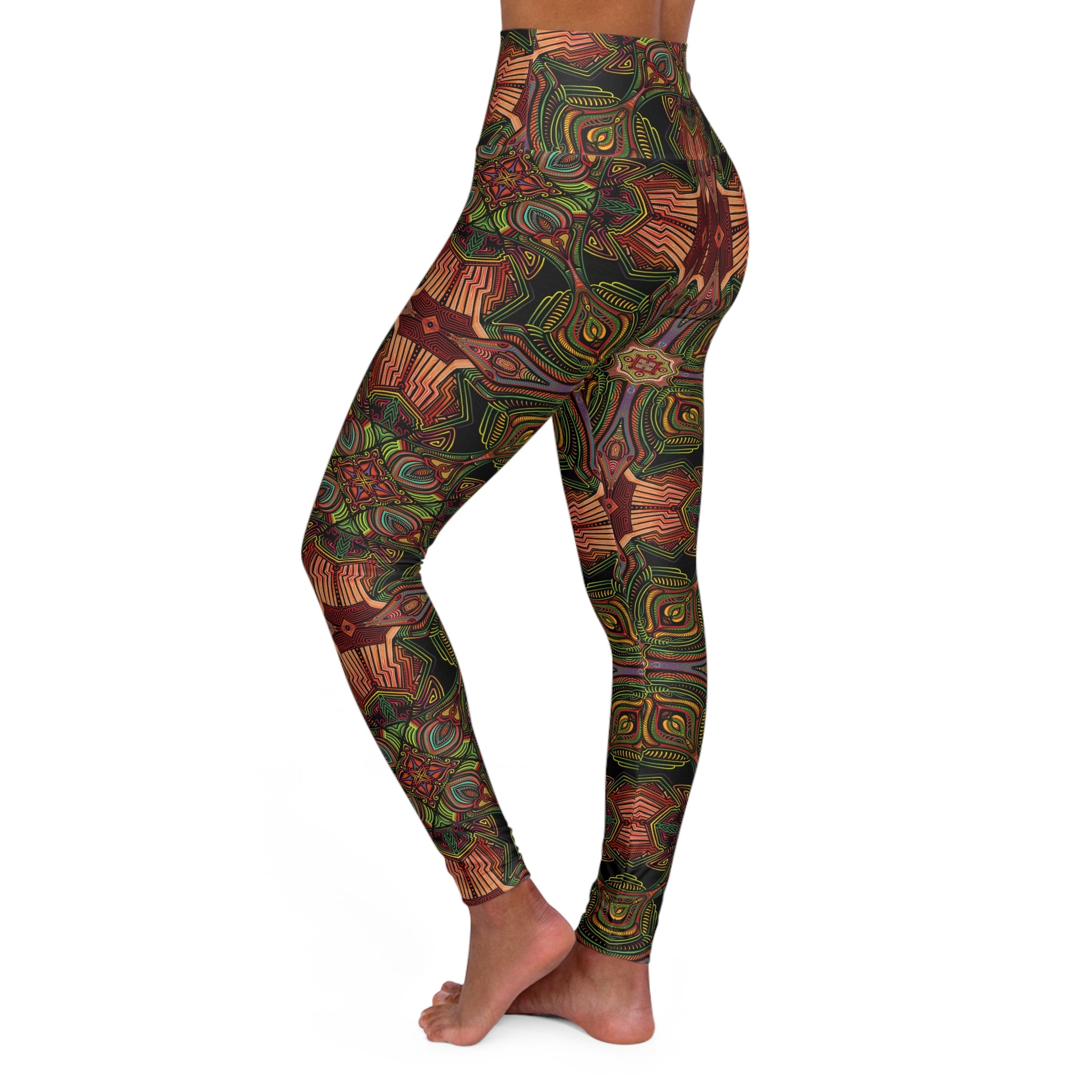 High-Waist Yoga Leggings — Earthy Kaleidoscope Pattern #q345