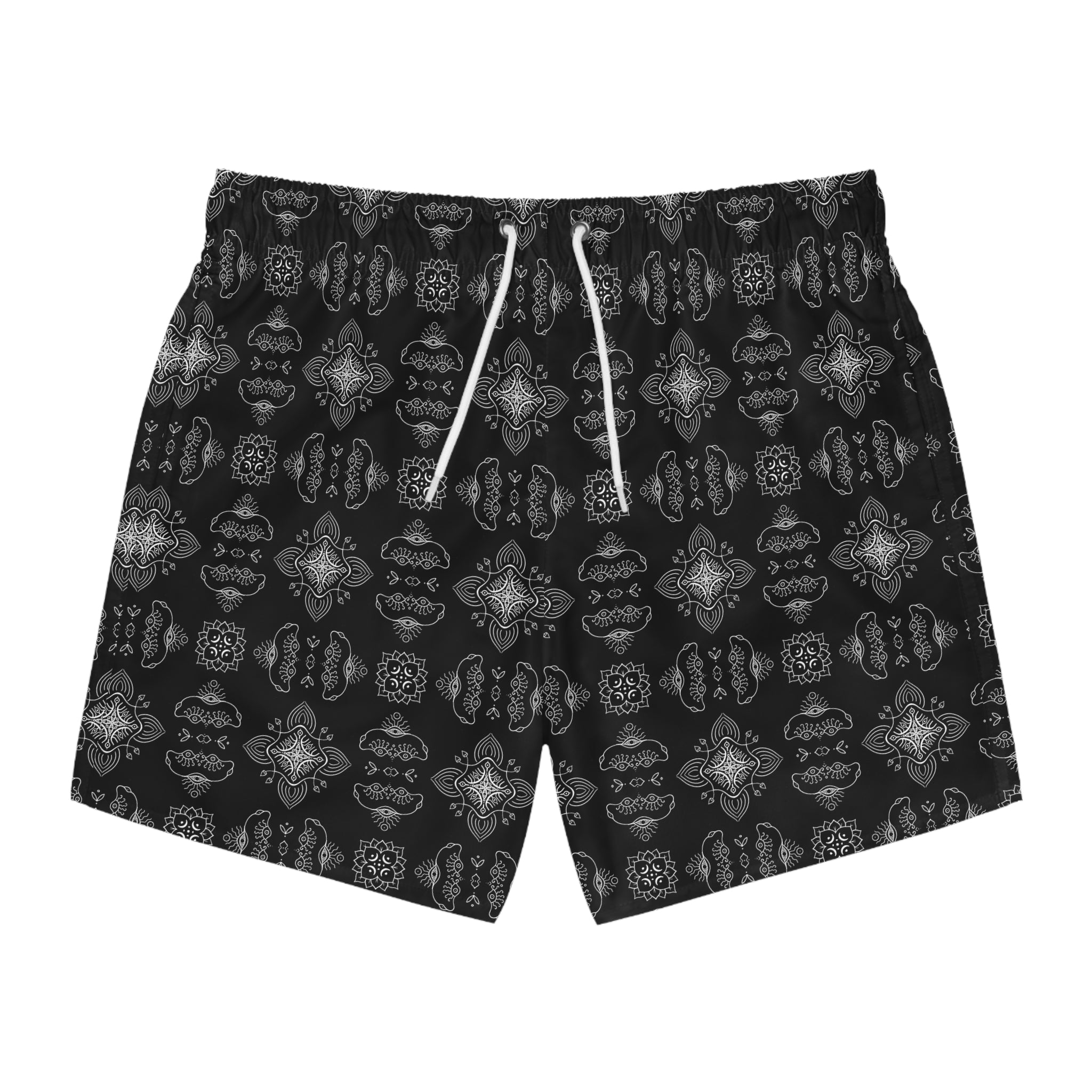 Men's Black Kaleidoscope Swim Trunks — All-Over Pattern #f754799