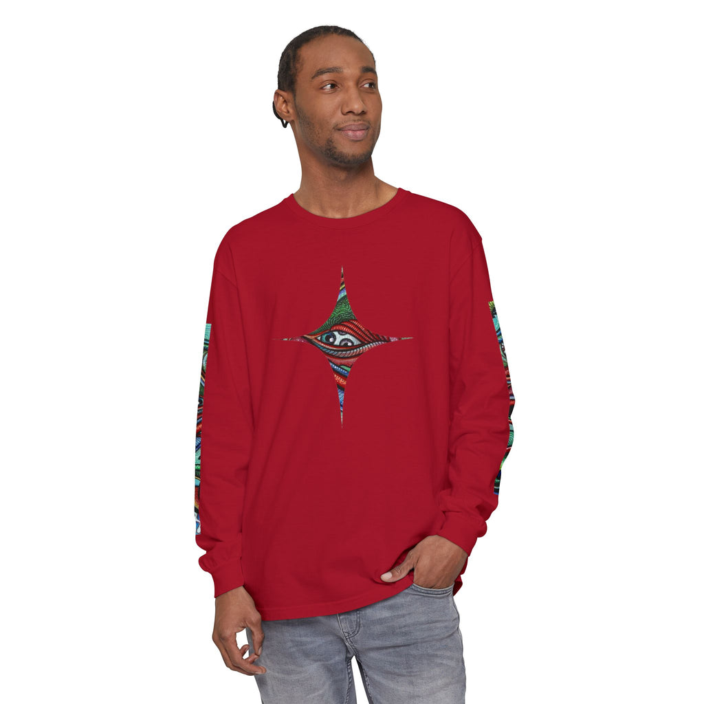 Psychedelic Starburst Long Sleeve Tee — Colorful Eye & Sleeve Stripe Design #k976344