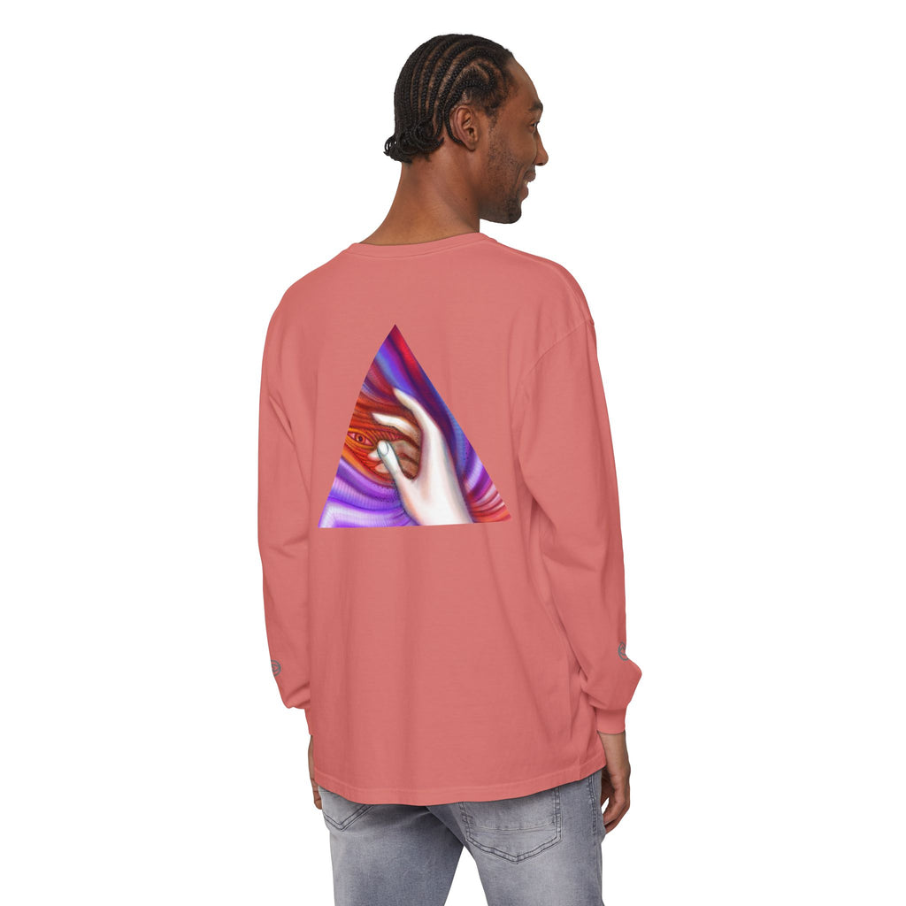 Long Sleeve T-Shirt — Triangular Hand Art Graphic (White) #sh26774