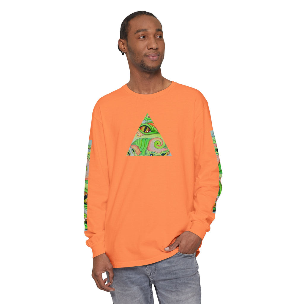Psychedelic Green Triangle Long Sleeve Tee — Tribal Star Sleeve Artwork #gf086357