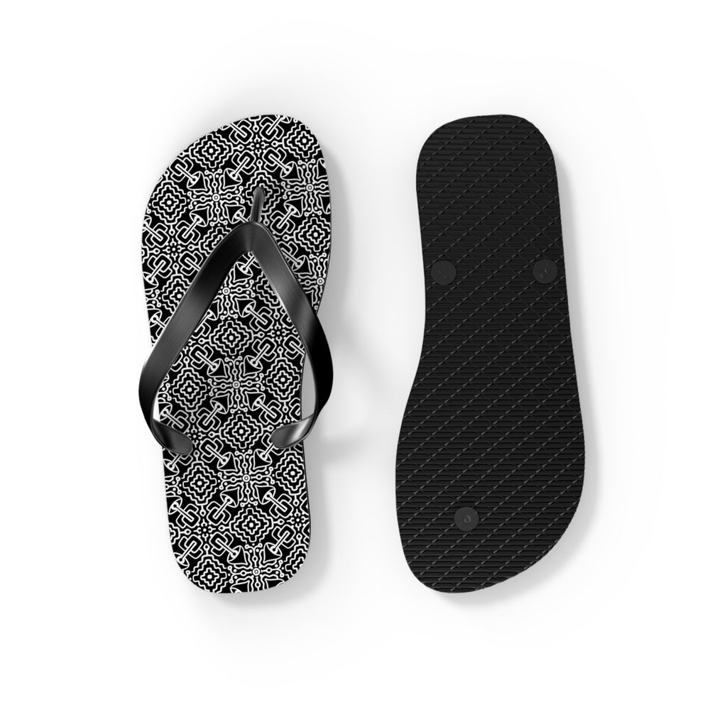 Monochrome Geometric Flip Flops — Black & White Aztec Pattern Beach Sandals #d98646