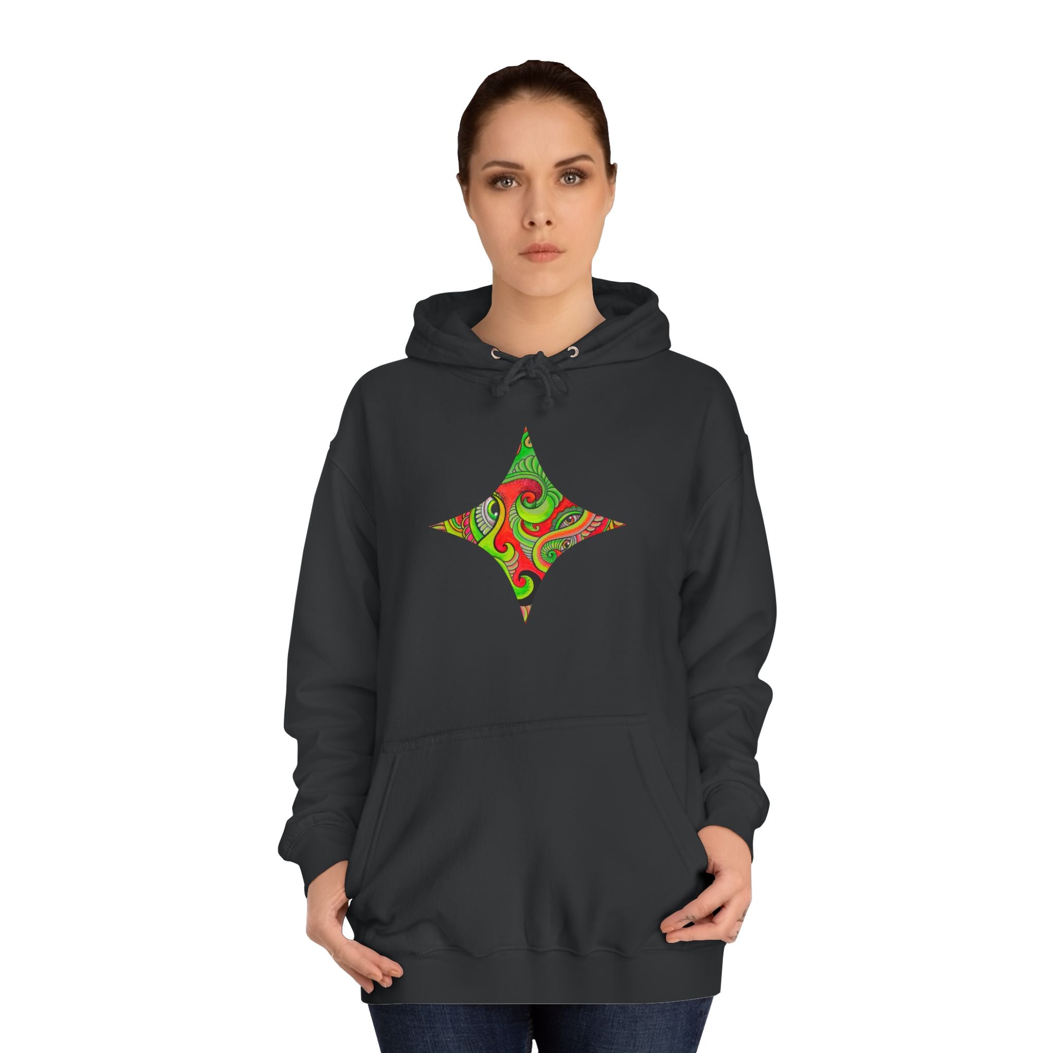 Psychedelic Swirl Hoodie — Retro Green & Red Abstract Graphic #f987456