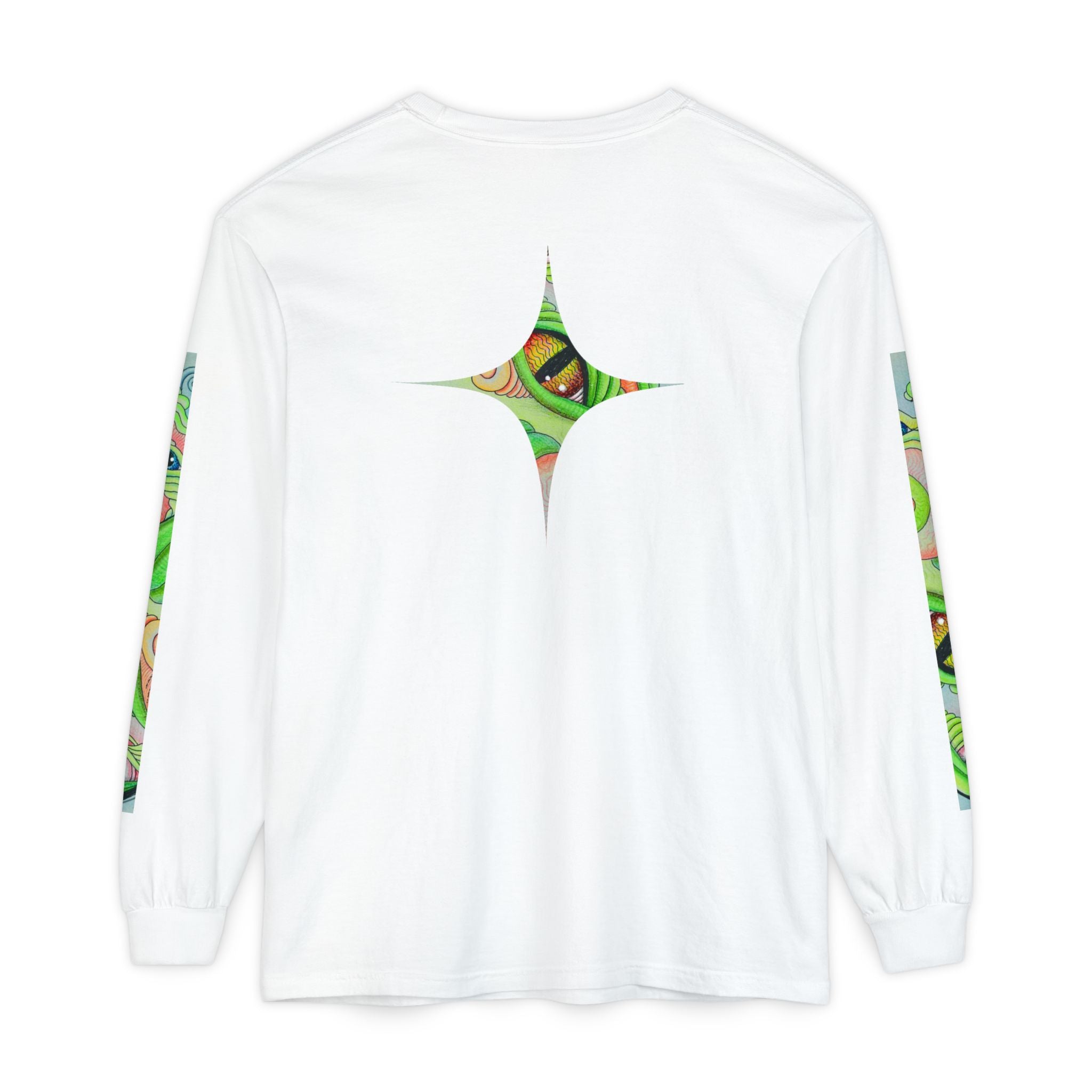 Psychedelic Green Triangle Long Sleeve Tee — Tribal Star Sleeve Artwork #gf086357