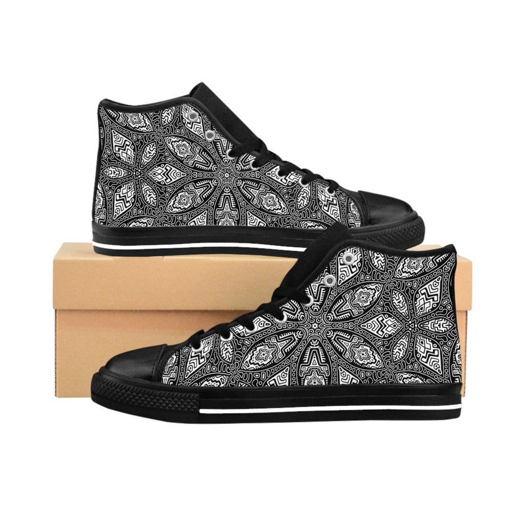 High-Top Sneakers — Monochrome Kaleidoscope Pattern #gds6308