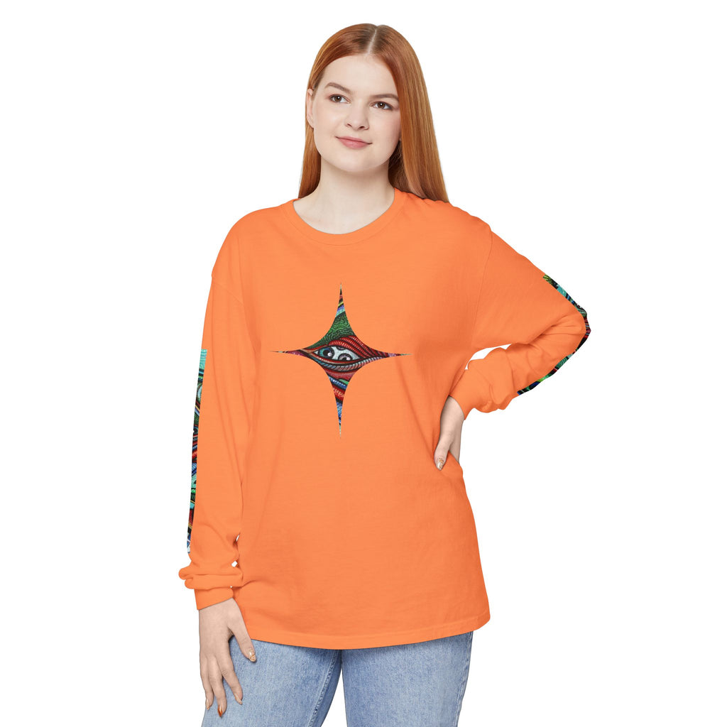 Psychedelic Starburst Long Sleeve Tee — Colorful Eye & Sleeve Stripe Design #k976344