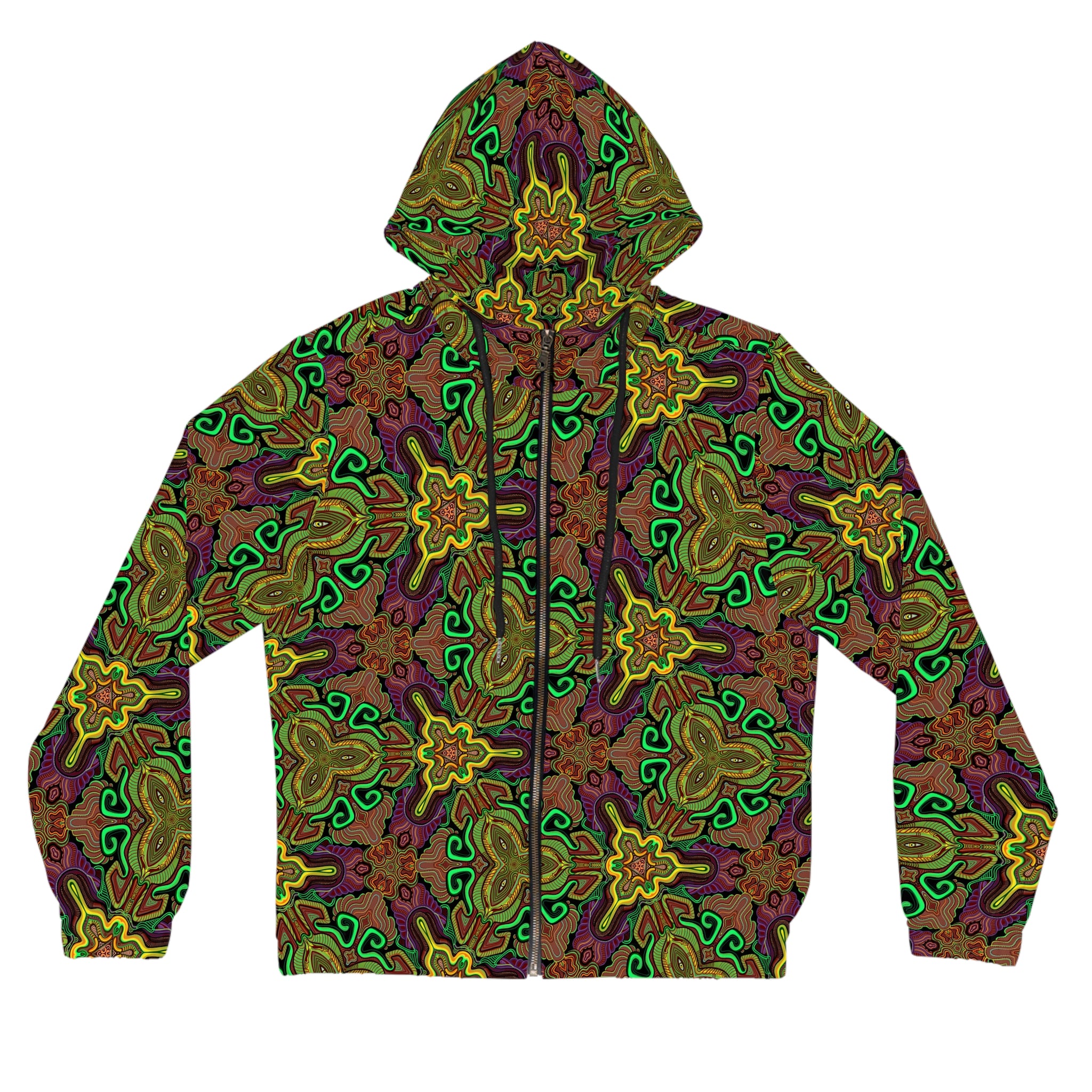 Kaleidoscope Floral Zip-Up Hoodie — Psychedelic Green & Gold All-Over Print #fn994219