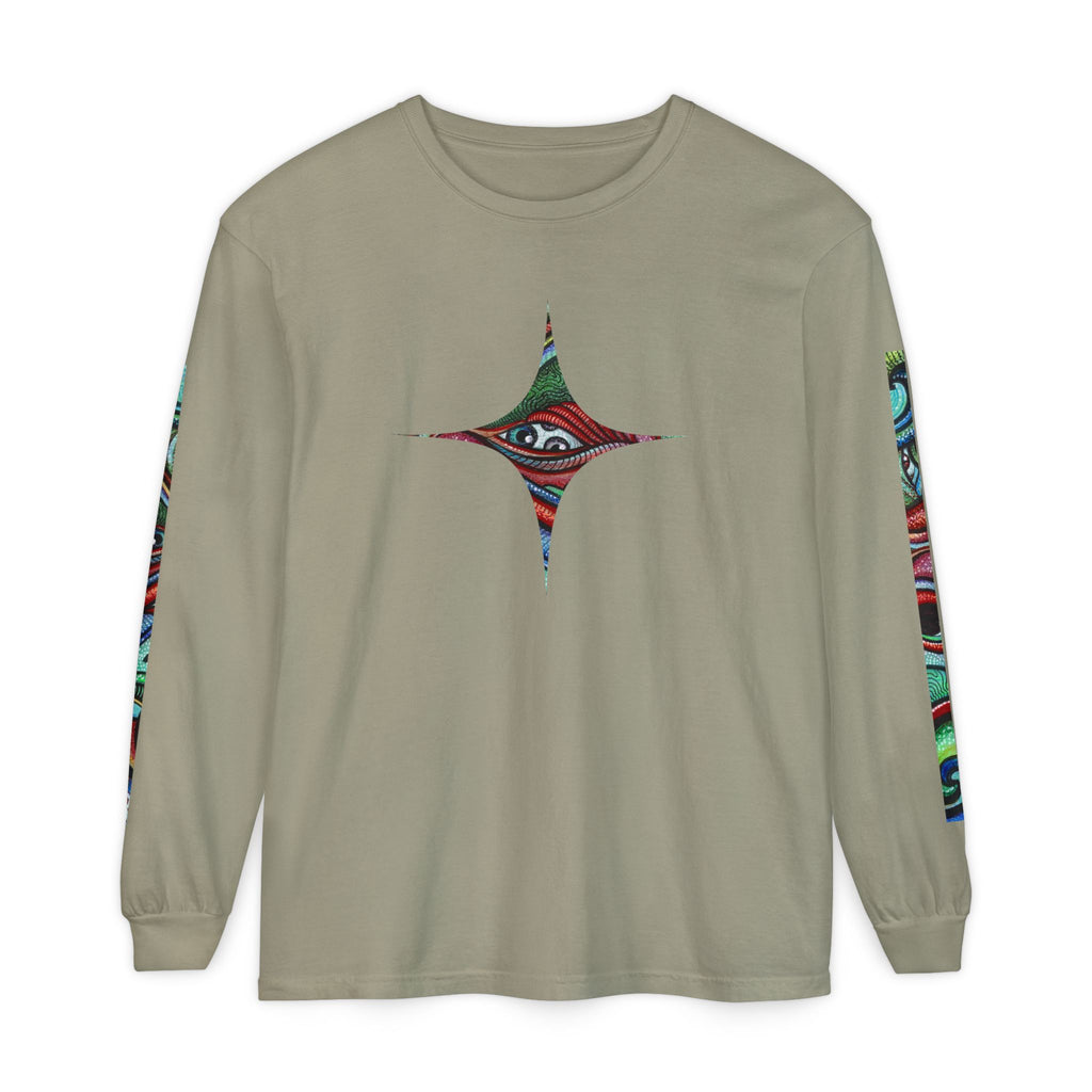 Psychedelic Starburst Long Sleeve Tee — Colorful Eye & Sleeve Stripe Design #k976344