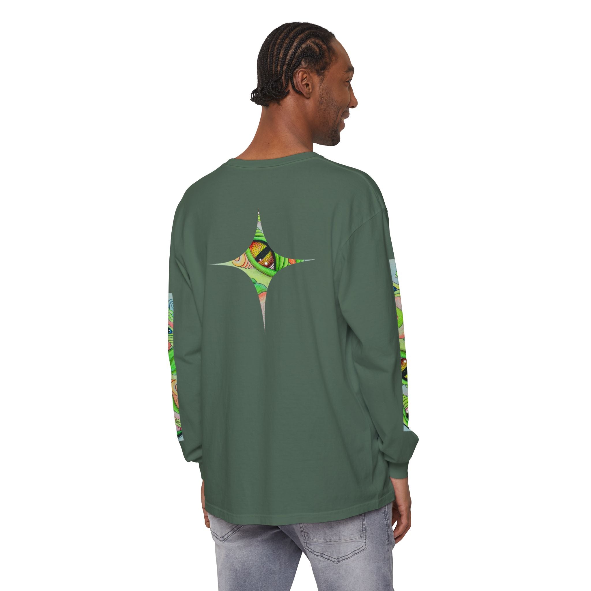 Psychedelic Green Triangle Long Sleeve Tee — Tribal Star Sleeve Artwork #gf086357