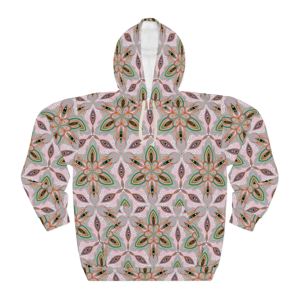 Pink Green Floral Kaleidoscope Hoodie — All-Over-Print Boho Pattern Pullover #as5682