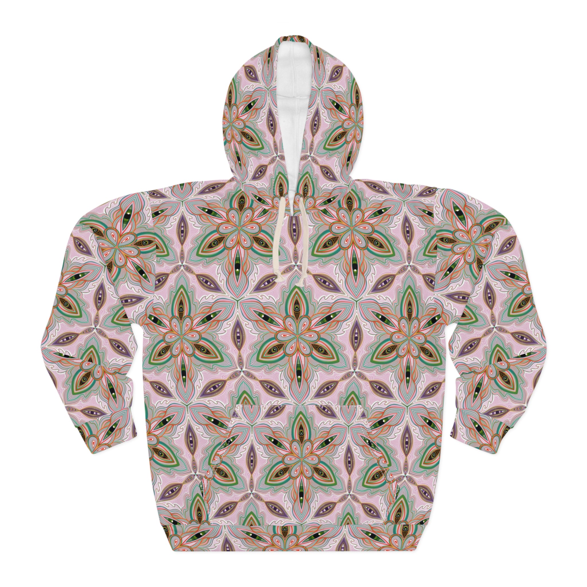 Pink Green Floral Kaleidoscope Hoodie — All-Over-Print Boho Pattern Pullover #as5682