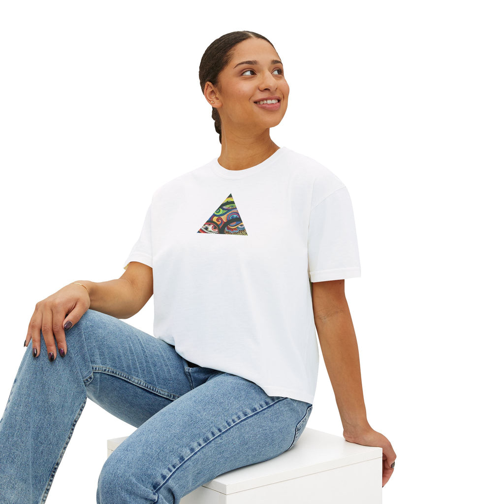 Women's Boxy Tee with Abstract Colorful Triangle (Front) & Heart (Back) Art — Casual Graphic Crop Top #hd9859