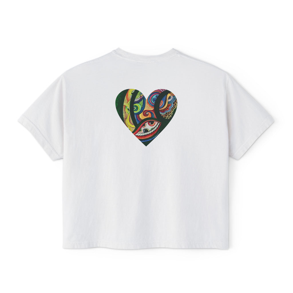 Women's Boxy Tee with Abstract Colorful Triangle (Front) & Heart (Back) Art — Casual Graphic Crop Top #hd9859